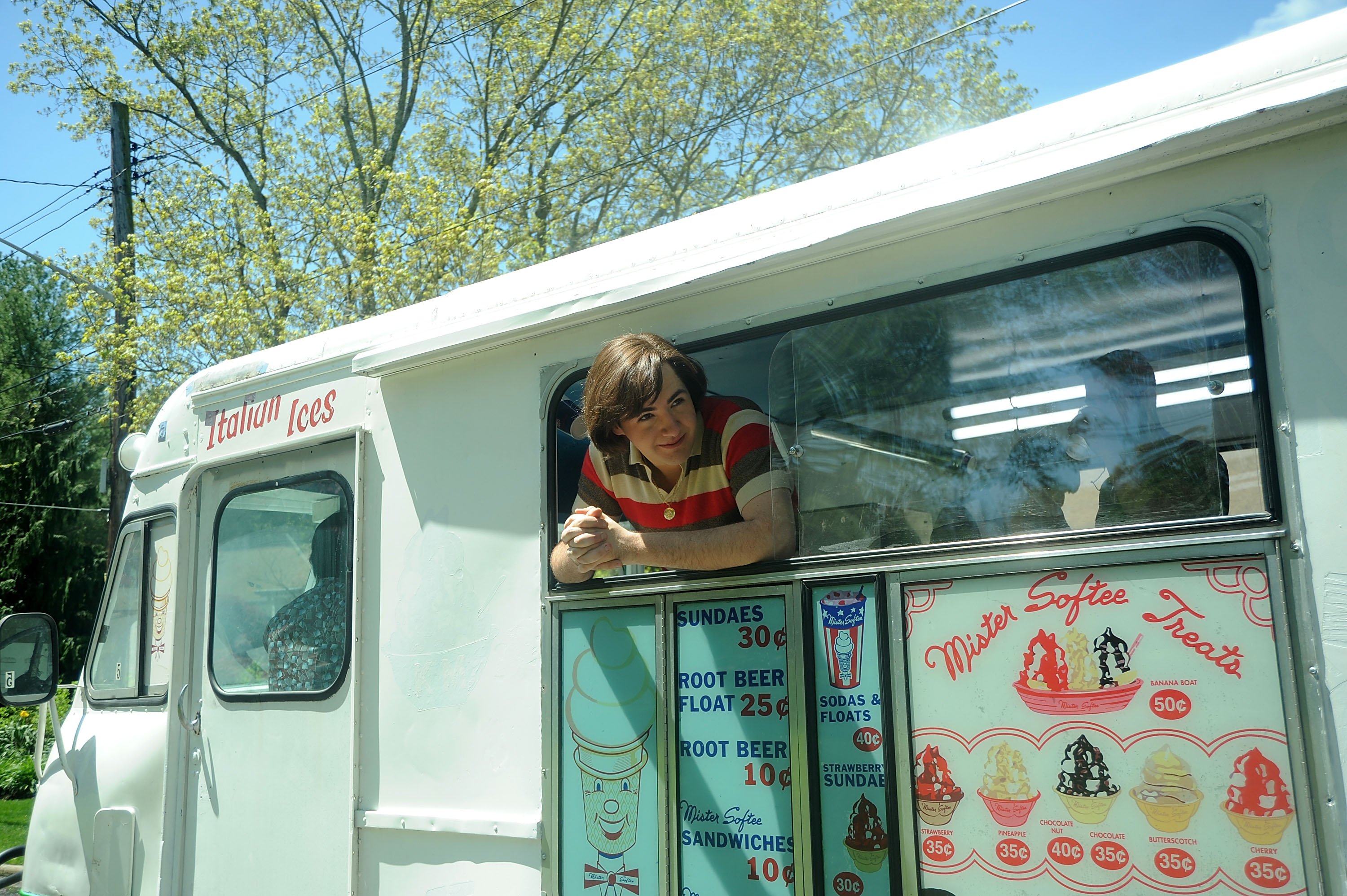 Michael Gandolfini serves up Mister Softee in an ice cream truck on set of the Sopranos movie The Many Saints of Newark movie