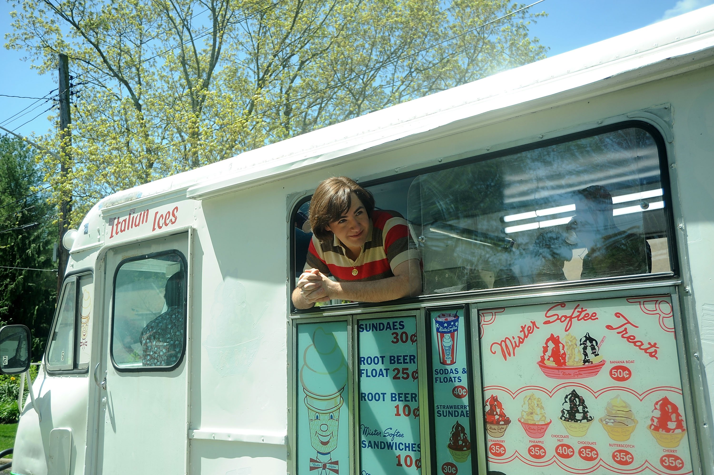 Michael Gandolfini serves up Mister Softee in an ice cream truck on set of the Sopranos movie The Many Saints of Newark movie