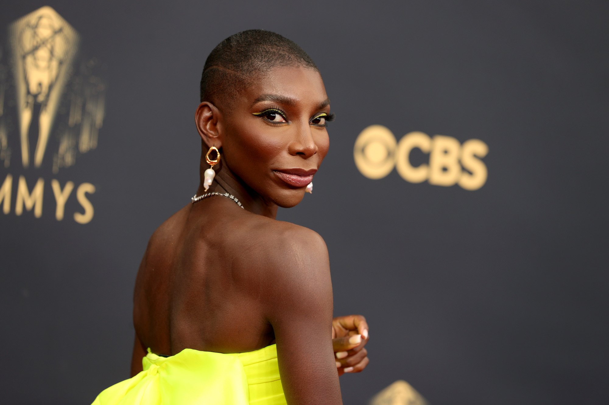 Michaela Coel posing on the red carpet at the 73rd Annual Primetime Emmy Awards