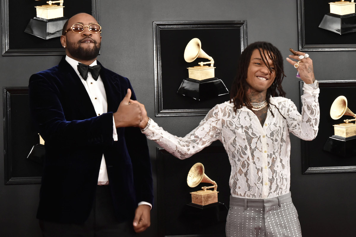 Mike Will Made It wearing a black suit and Swae Lee dressed in a white long-sleeve top with grey pants attend the 61st Annual Grammy Awards at Staples Center on February 10, 2019 in Los Angeles, California.