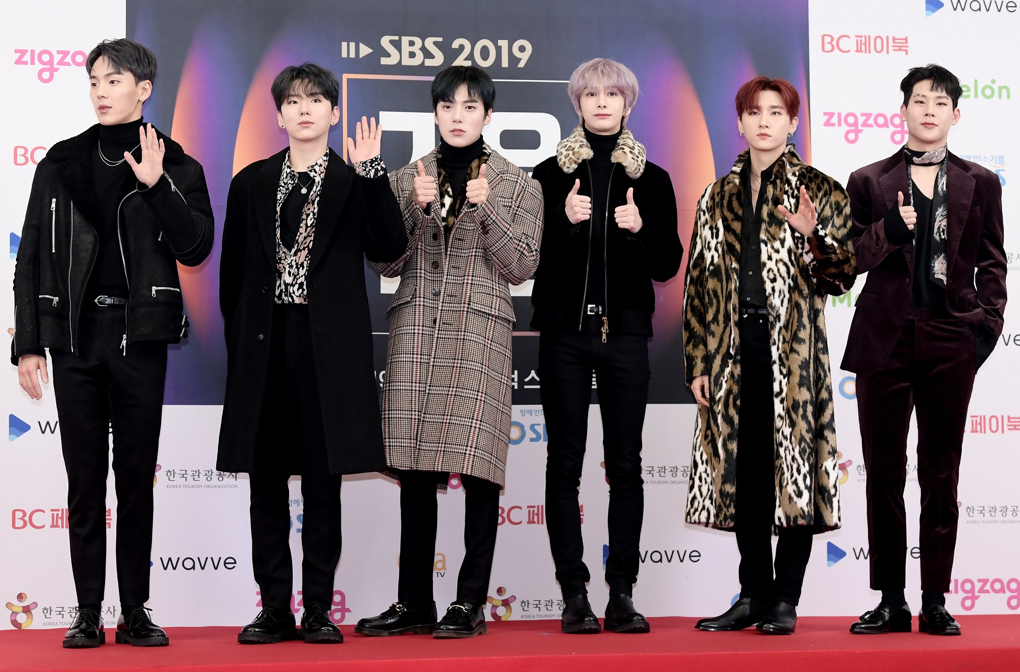 The members of Monsta X pose on the red carpet during a photocall for 2019 SBS Gayo Daejeon
