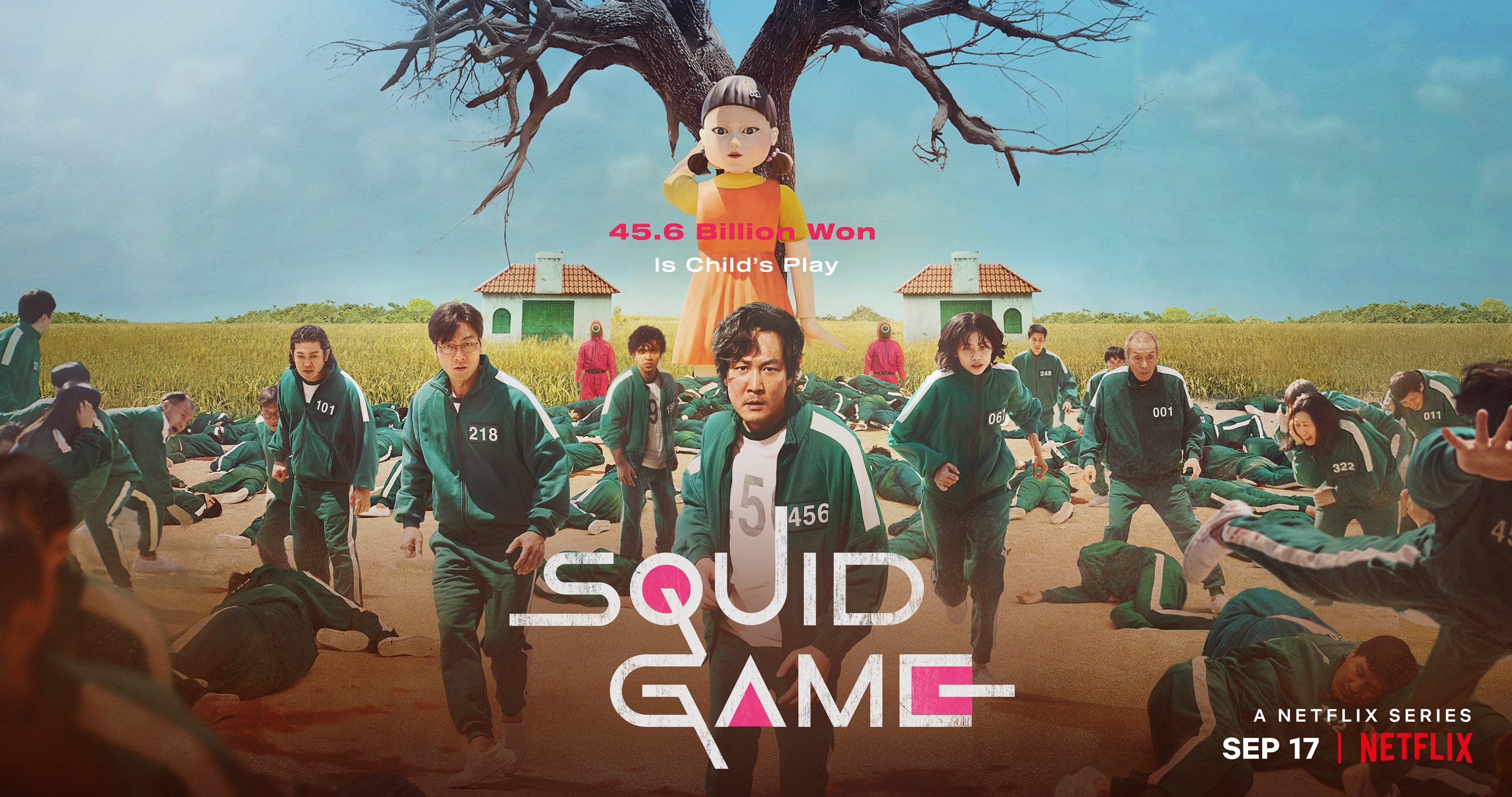 Netflix 'Squid Game' poster with players in green track suits in front of giant robotic doll.