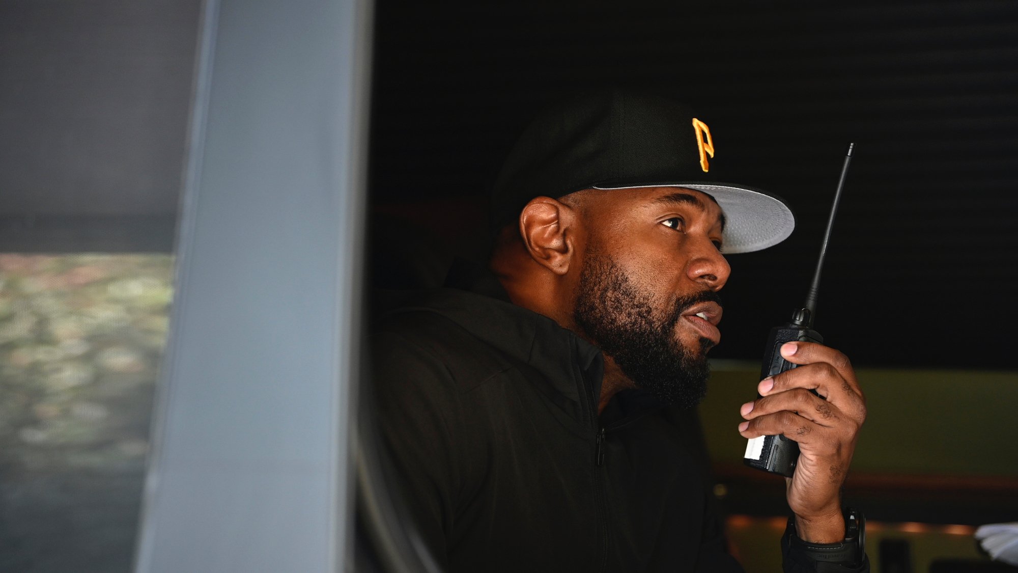 Netflix movie 'The Guilty' director Antoine Fuqua talking on a walkie talkie