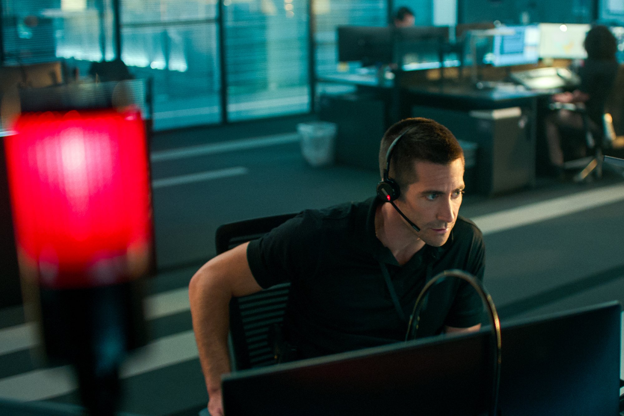 Netflix's 'The Guilty' actor Jake Gyllenhaal on the computer with a red light on