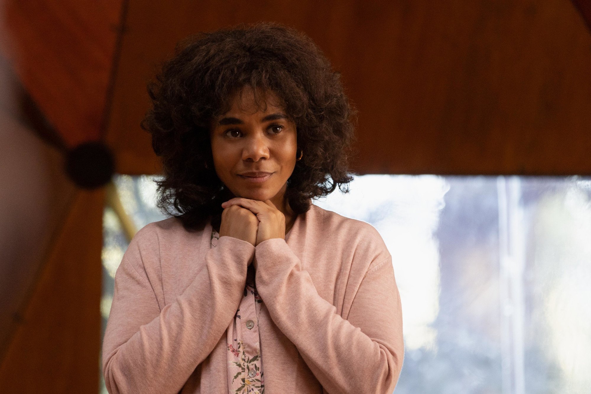 Regina Hall as Carmel in Hulu's 'Nine Perfect Strangers.' She's wearing a pink sweater that covers her arms and chest completely, and she's clasping her hands together. Did 'Nine Perfect Strangers' Episode 6 suggest she's threatening Masha?