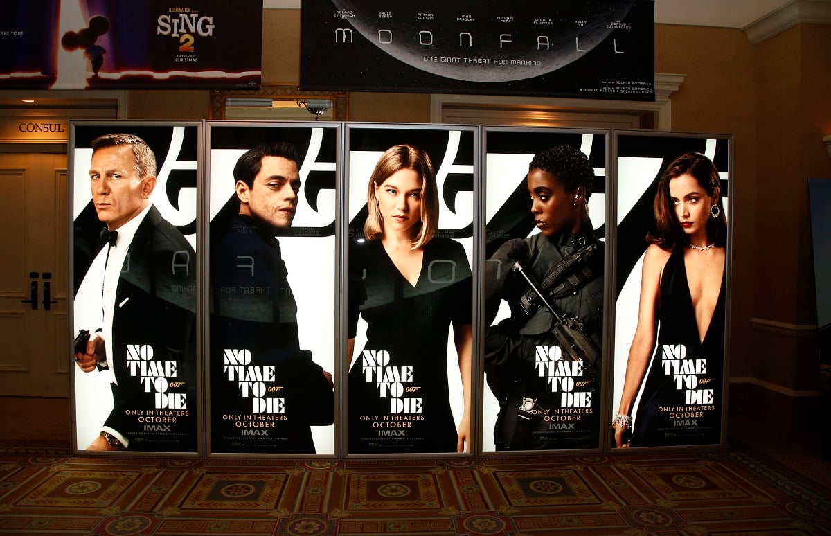 A huge advertising cardboard of the new James Bond movie, 'No Time to Die', featuring the cast.  