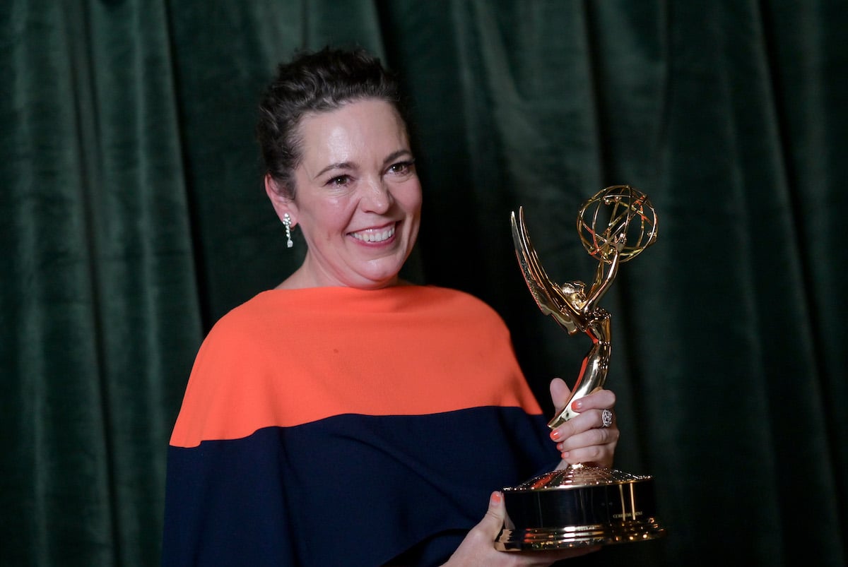 Olivia Colman smiles as she holds her trophy at the 2021 Emmy Awards