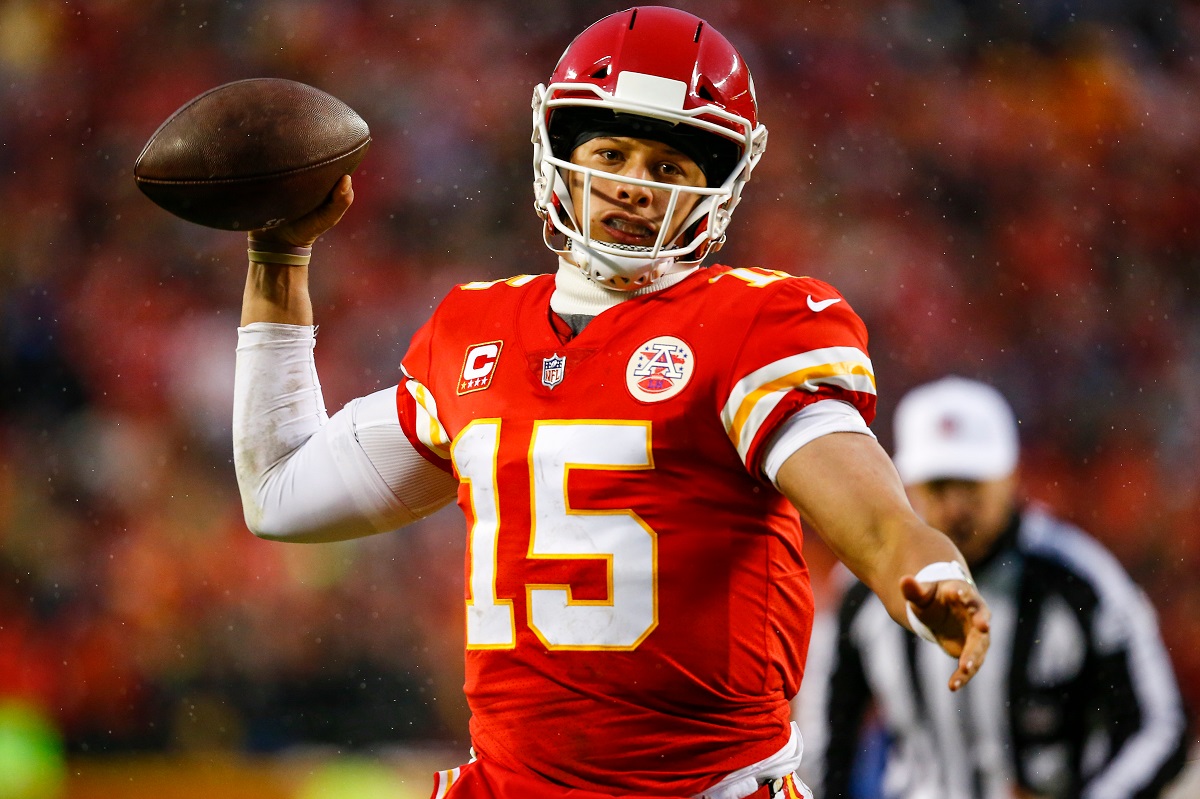 Patrick Mahomes of the Kansas City Chiefs pump fakes a pass