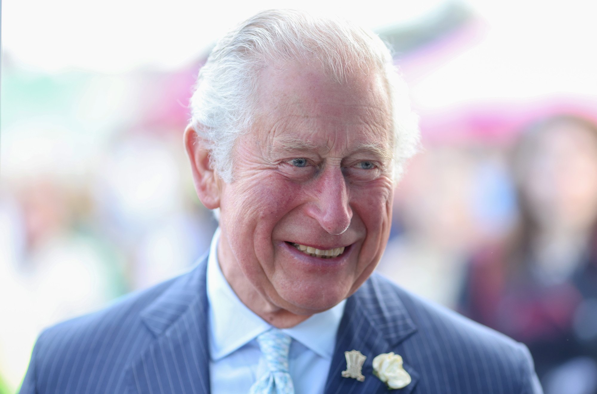 Prince Charles smiling in front of a blurred crowd