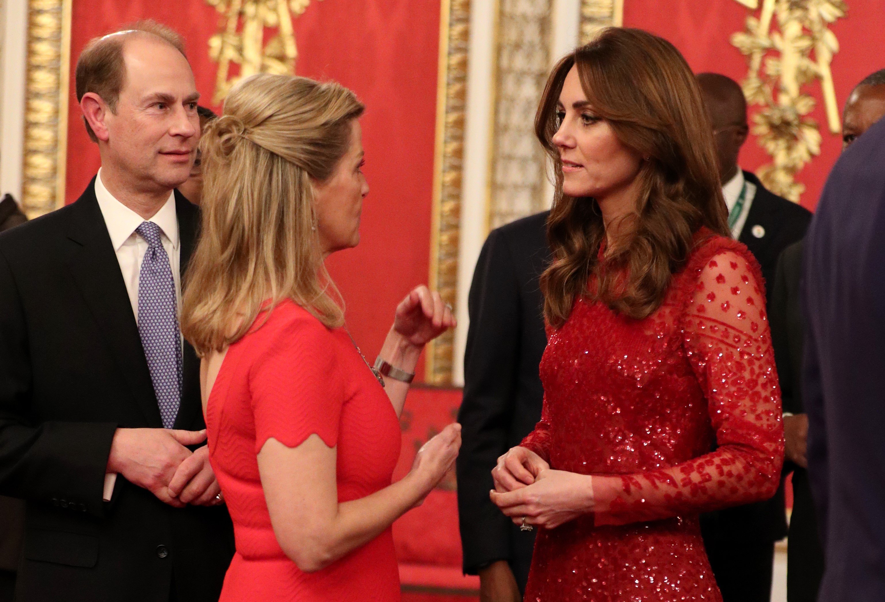 Prince Edward and his wife Sophie, Countess of Wessex speaking to Kate Middleton during reception at Buckingham Palace