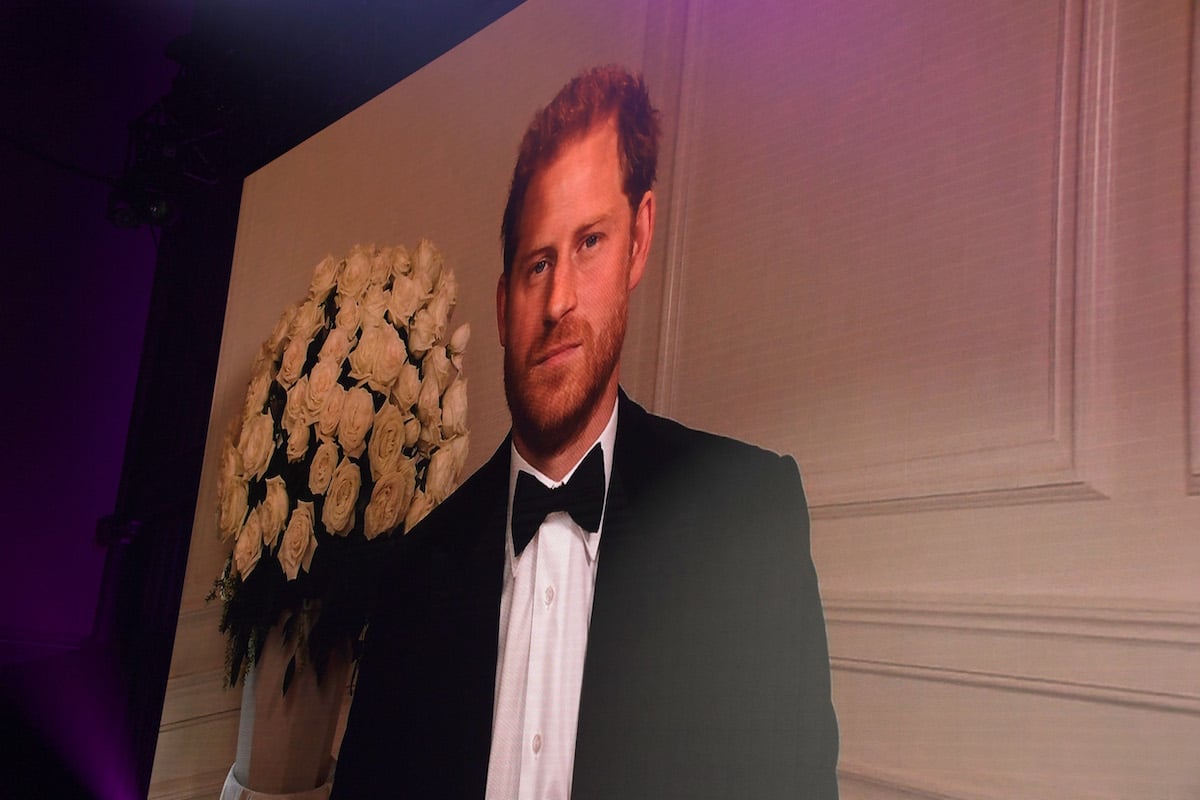 Prince Harry speaks during a virtual appearance at the British GQ Men of the Year Awards wearing a tuxedo
