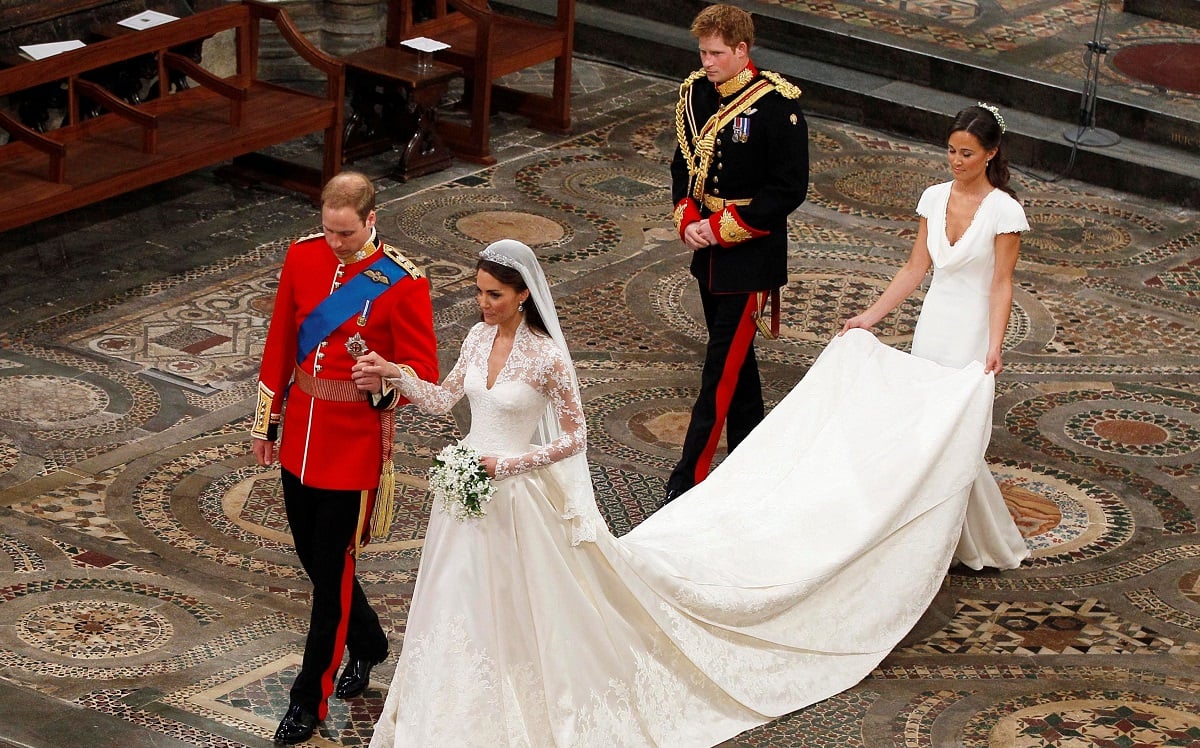 Prince William and Kate Middleton leaving Westminster Abbey after wedding ceremony followed by Prince Harry and Pippa Middleton