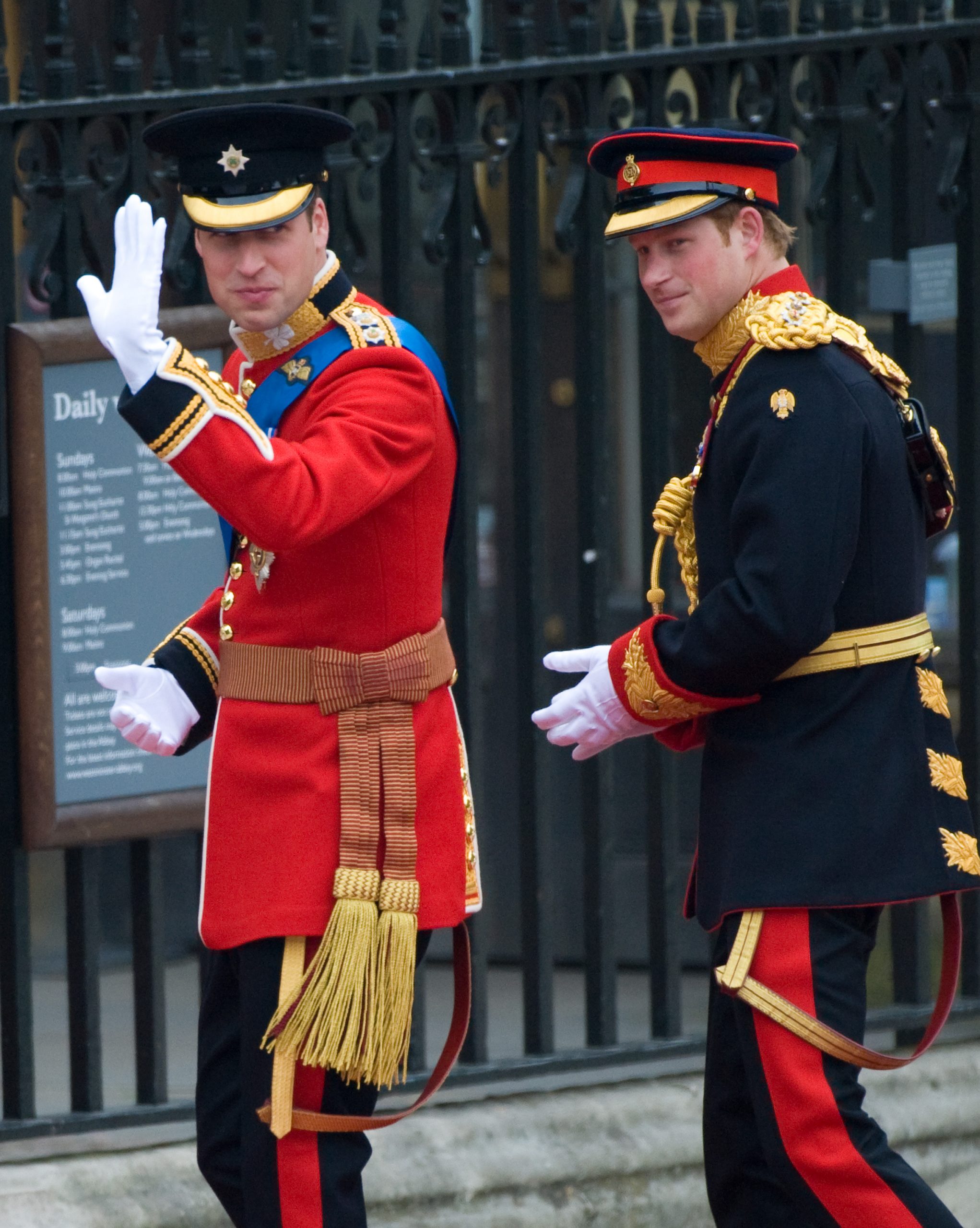 Prince William and Prince Harry arrive for William's royal wedding at Westminster Abbey