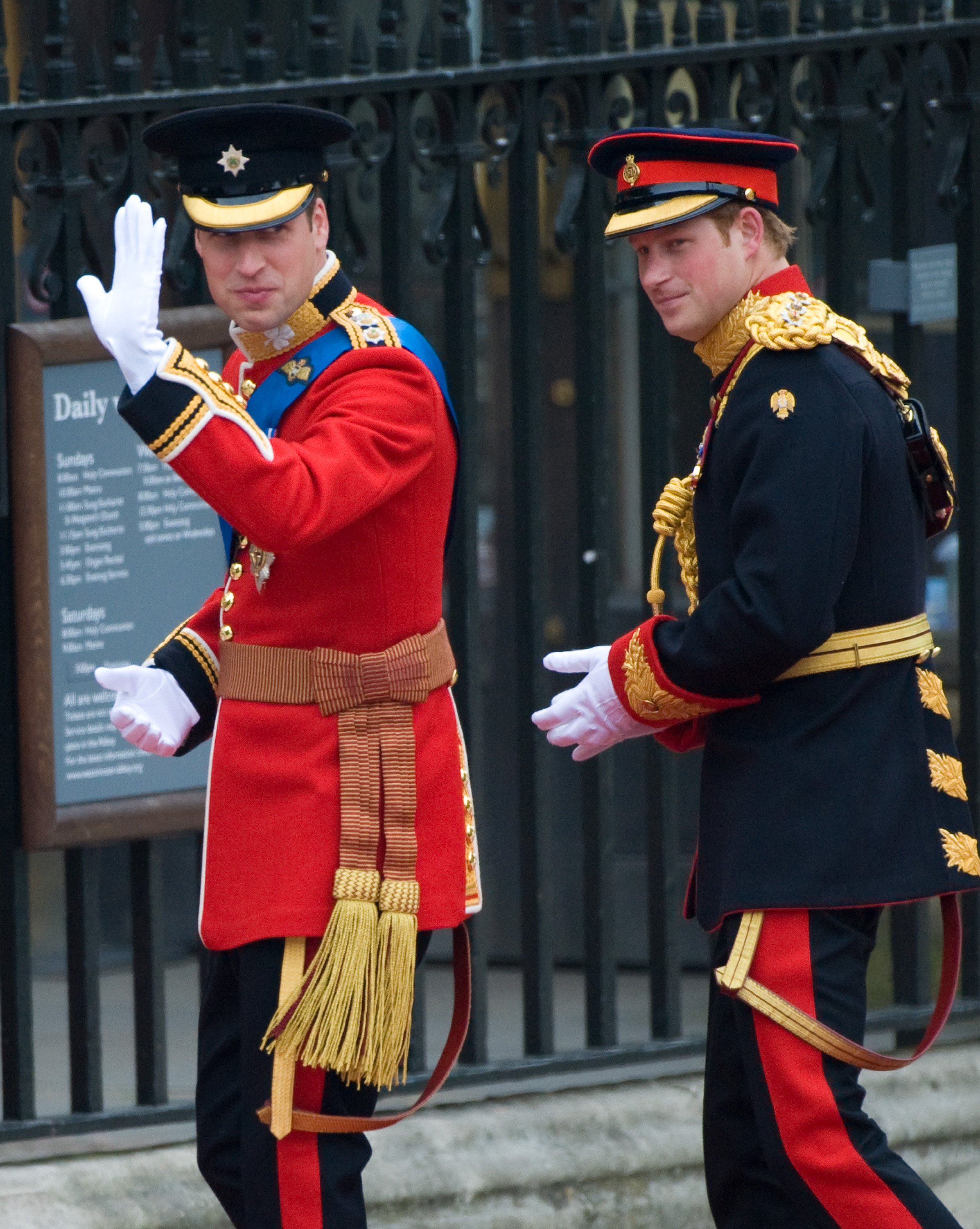 Prince William and Prince Harry arrive for William's royal wedding at Westminster Abbey