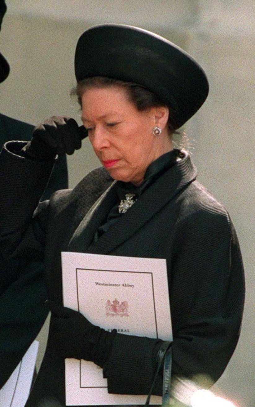 Princess Margaret standing outside Westminster Abbey after the funeral service for Princess Diana