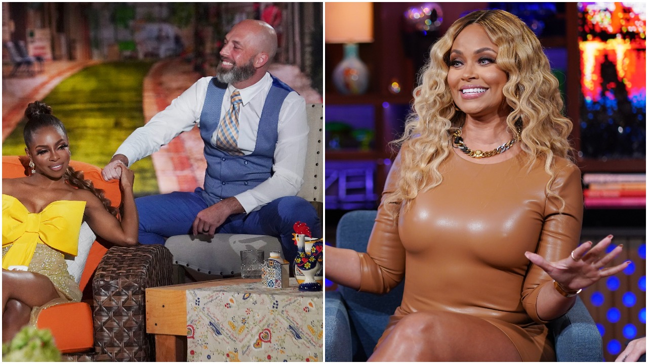 Candiace Dillard holding hands with husband Chris Bassett; Gizelle Bryant on 'Watch What Happens Live with Andy Cohen'