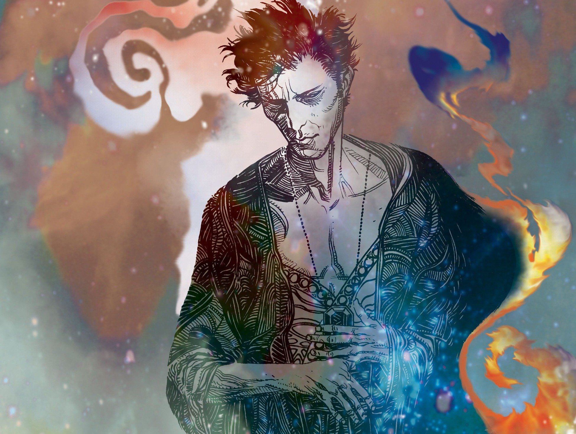 Artwork from DC Comics' 'The Sandman' series by Neil Gaiman, which is being adapted by Netflix. The image shows a man wearing a robe with a blue and pink swirled background.