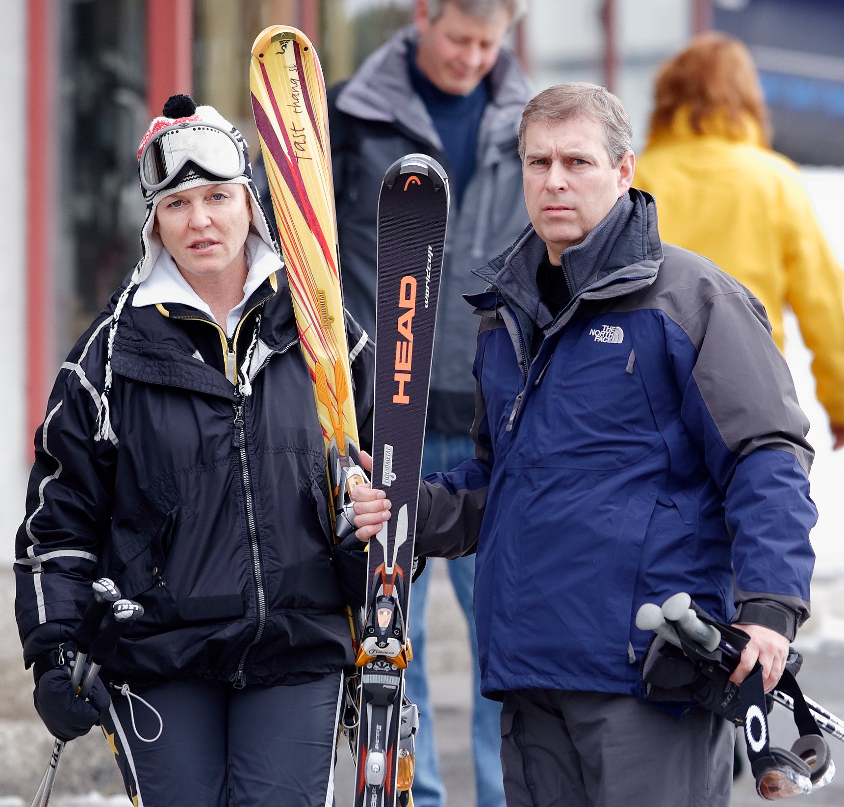 Sarah Ferguson and Prince Andrew standing next to one another during a skiing holiday