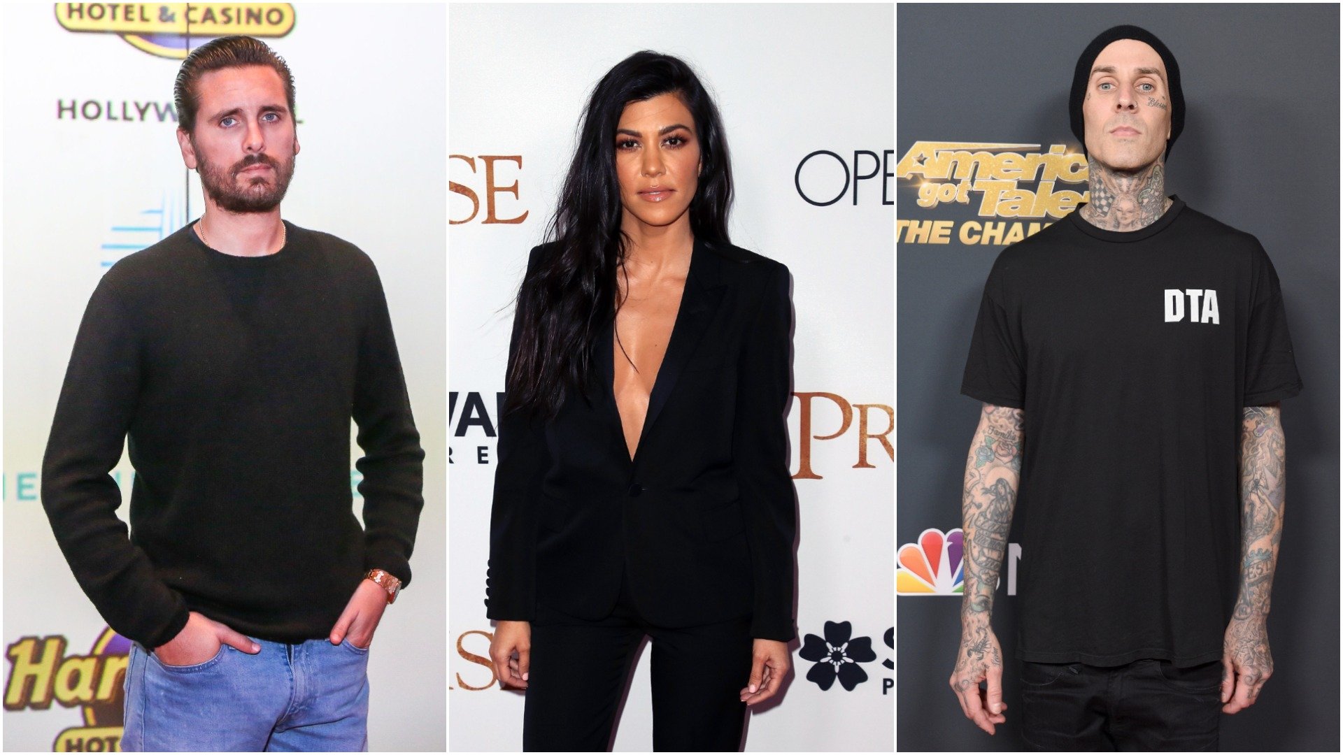 A collage image of Scott Disick, Kourtney Kardashian, and Travis Barker