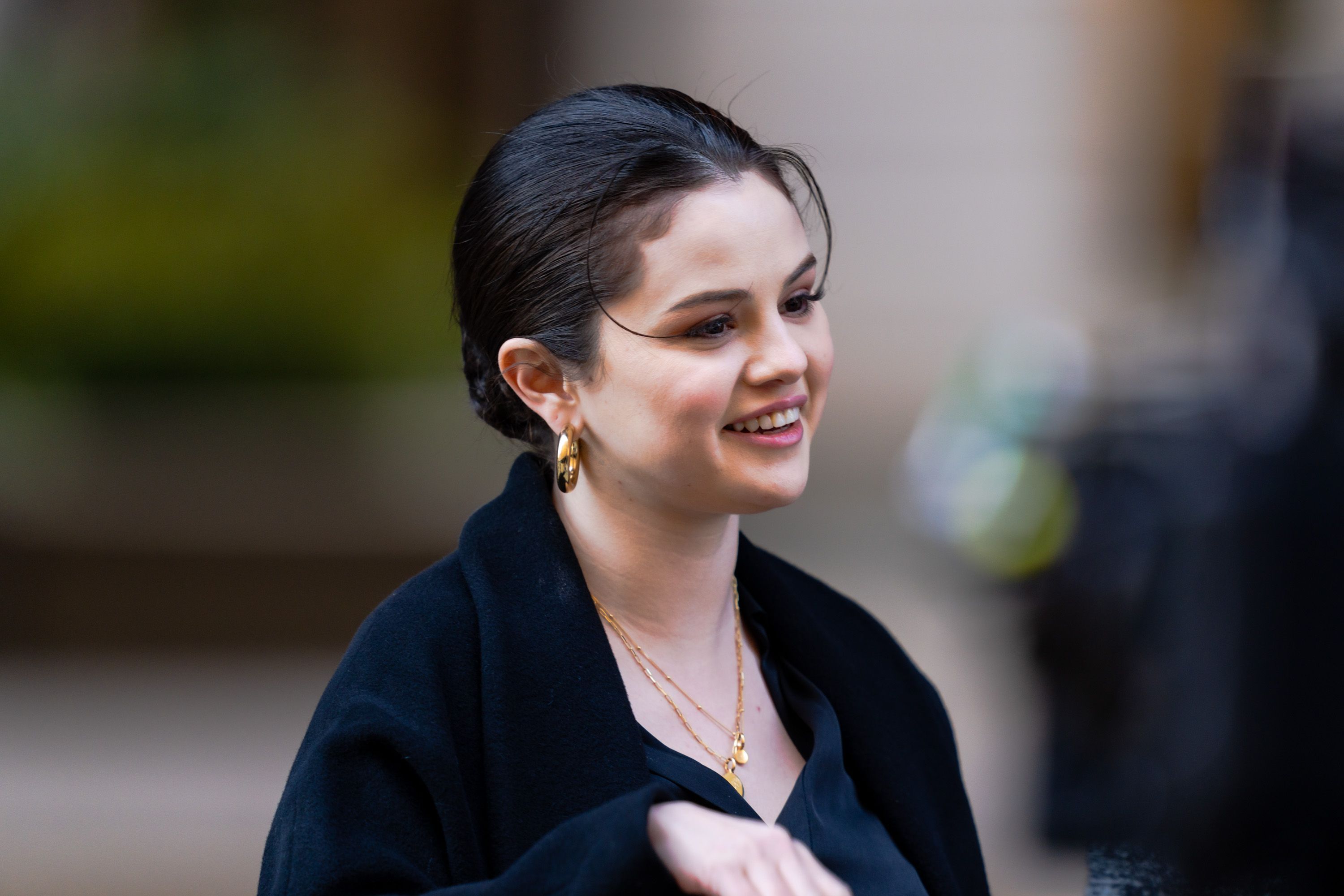 Selena Gomez smiles on set for 'Only Murders in the Building' in the Upper West Side in New York City