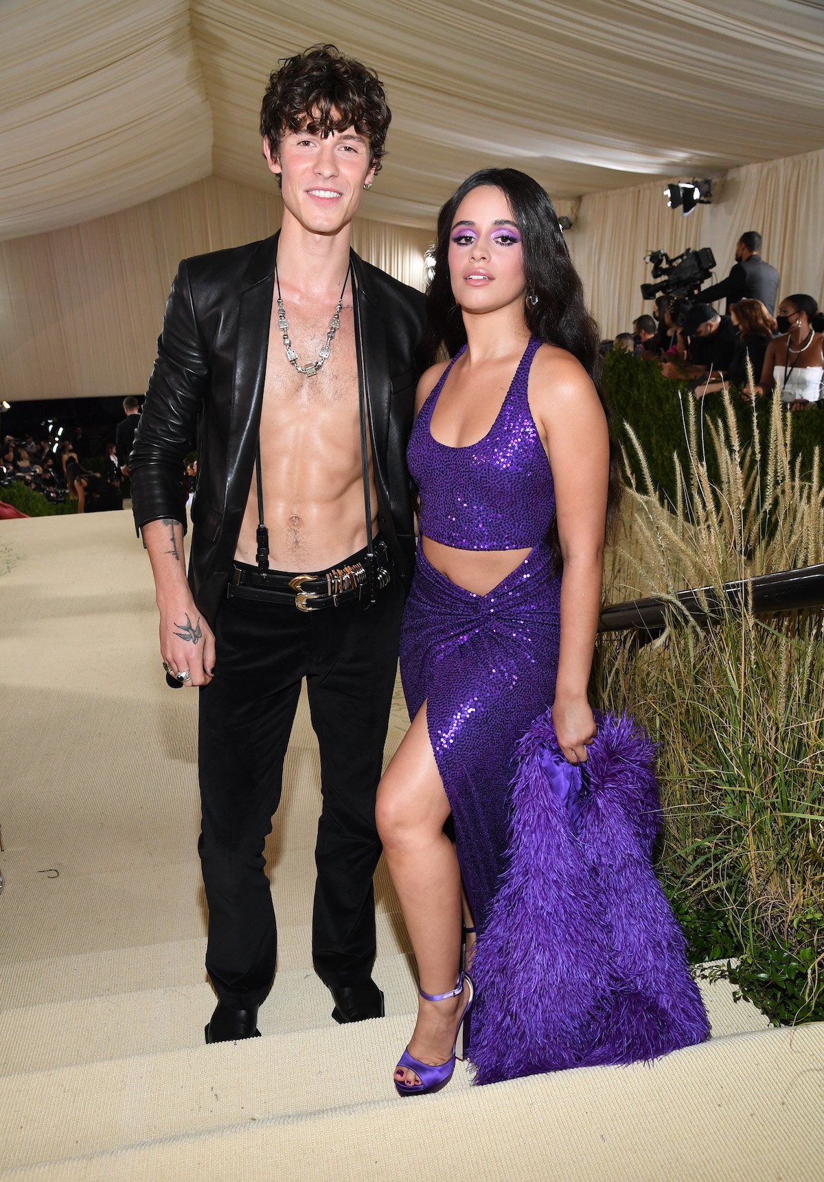 Shawn Mendes smiles as he stands next to Camila Cabello at the 2021 Met Gala