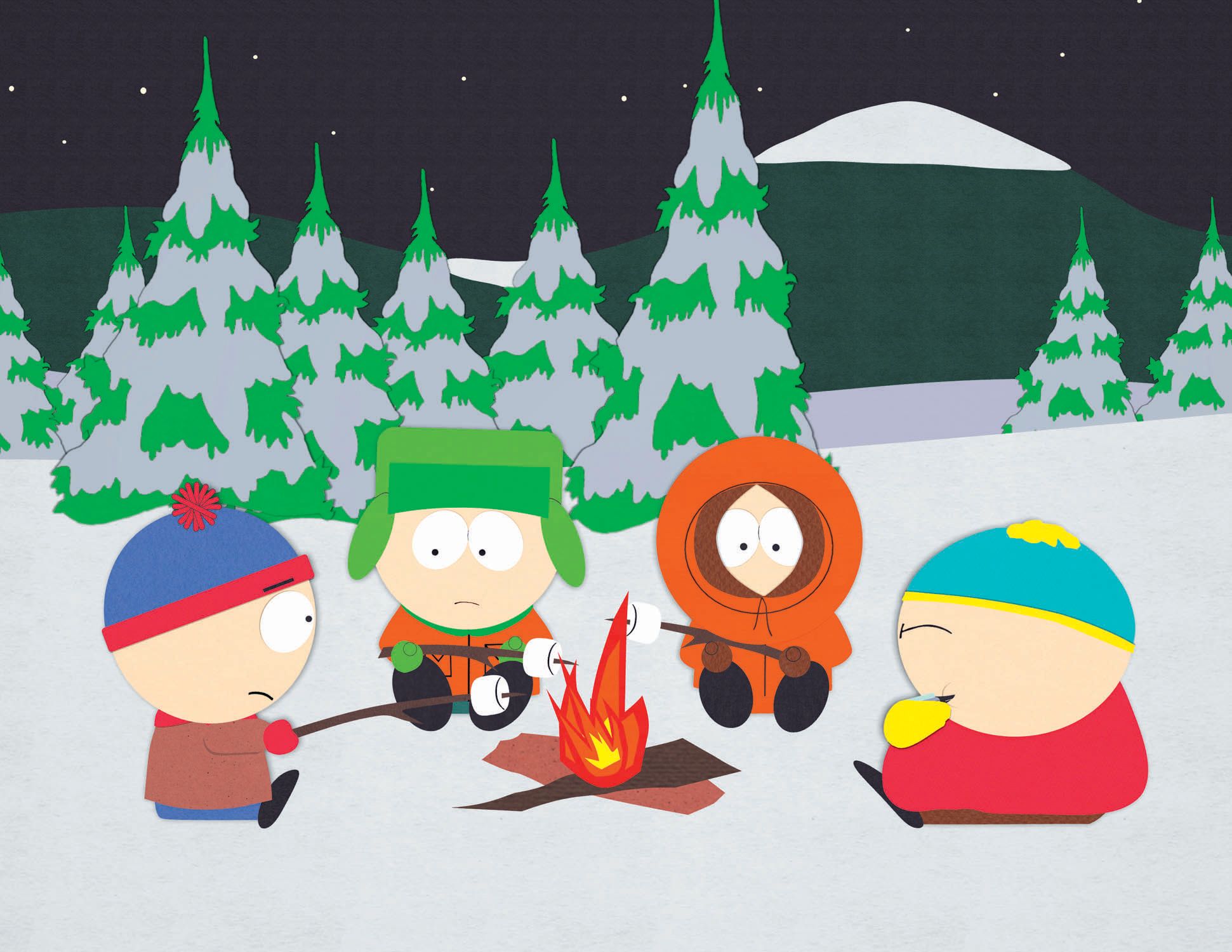 South Park boys roast marshmallows over a campfire