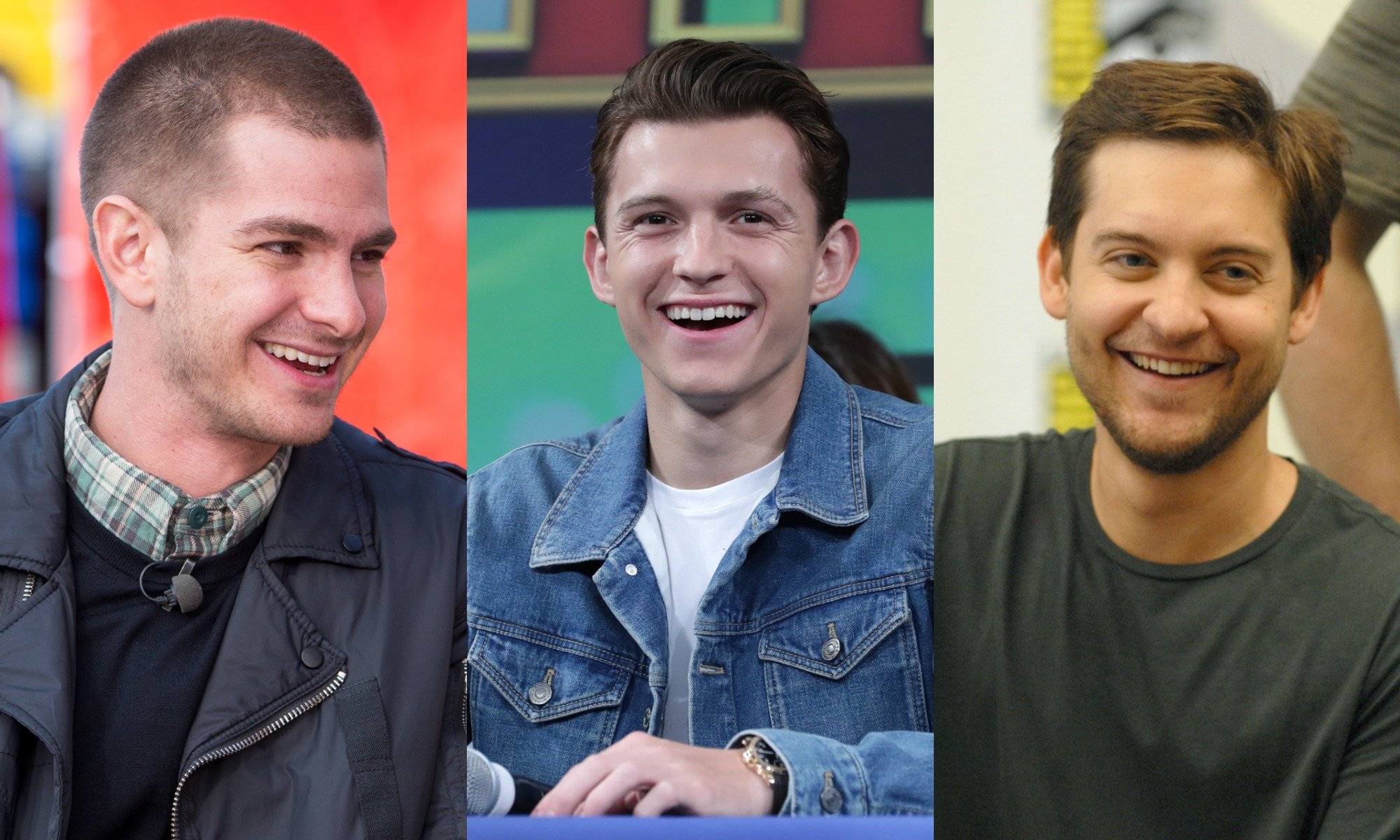 'Spider-Man' actors Andrew Garfield, Tom Holland, and Tobey Maguire. Three different photos show all three smiling and laughing.