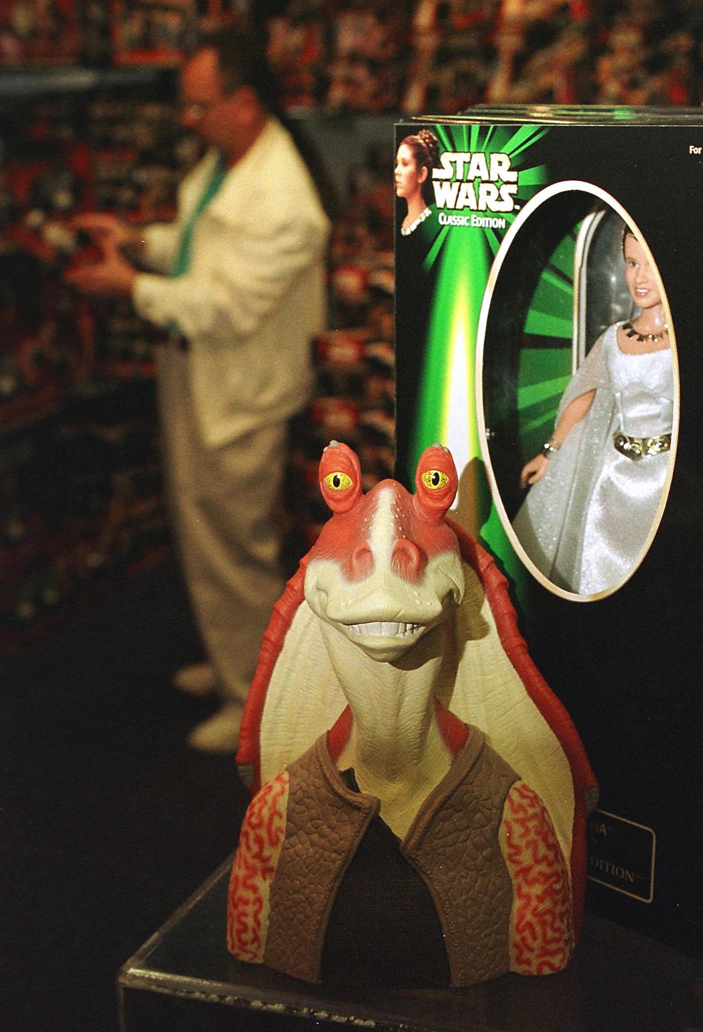 Star Wars Jar Jar Binks bust on a toy shelf