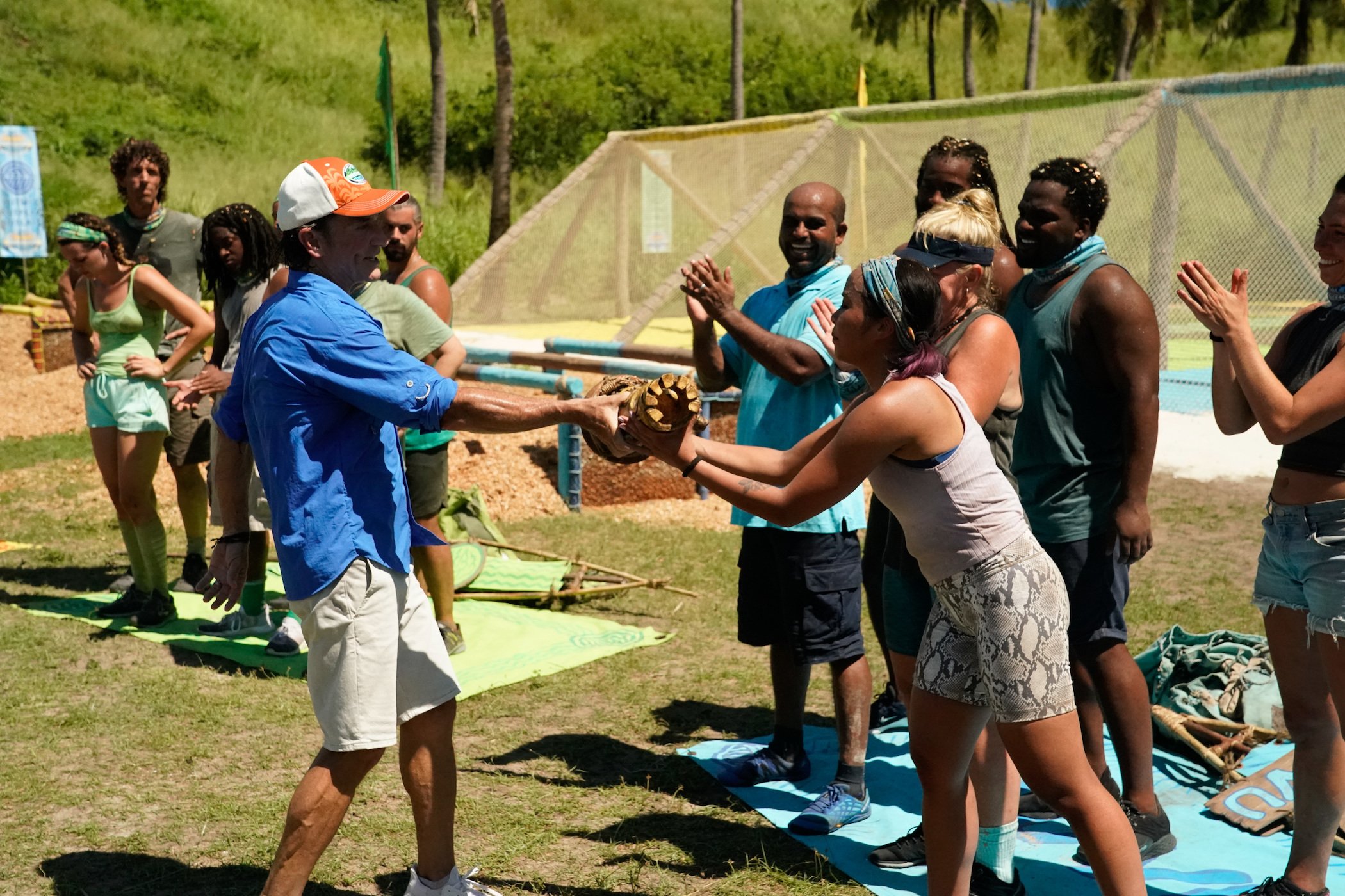 Jeff Probst awards Erika Casupanan and her Tribe with the Immunity Idol on 'Survivor' Season 41