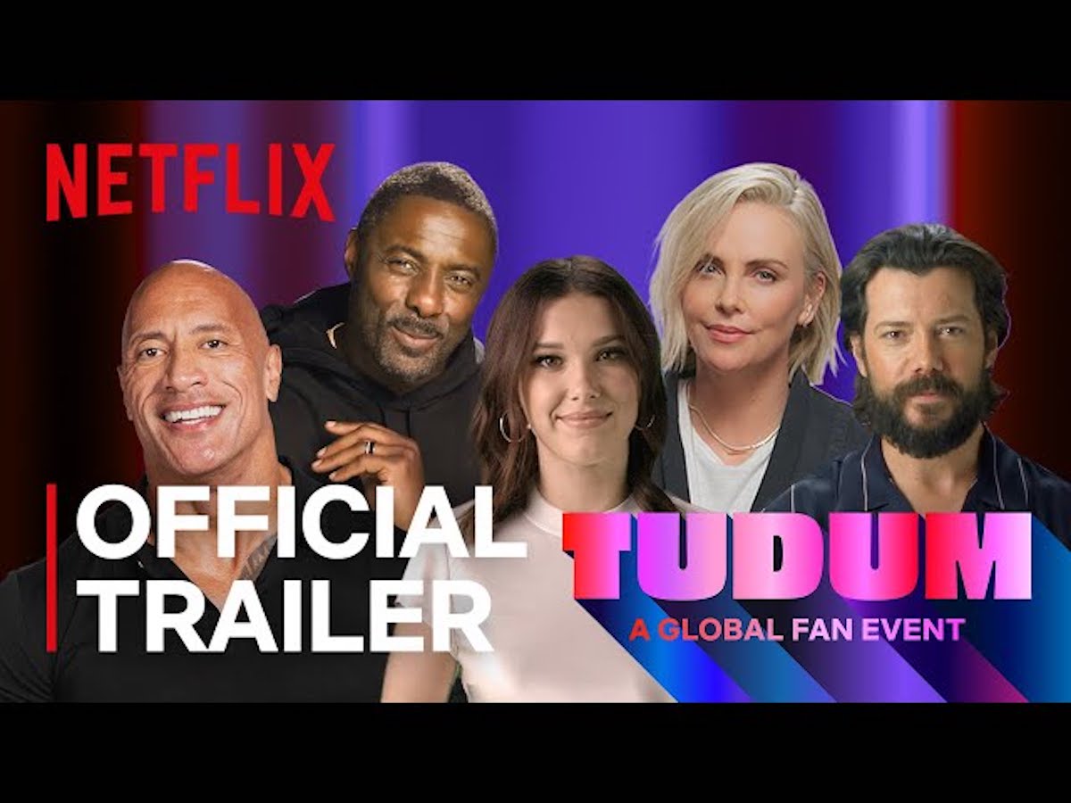 Dwayne 'The Rock' Johnson, Idris Elba, Millie Bobby Brown from 'Stranger Things,' Charlize Theron, and more in a still from the promotional trailer for TUDUM.