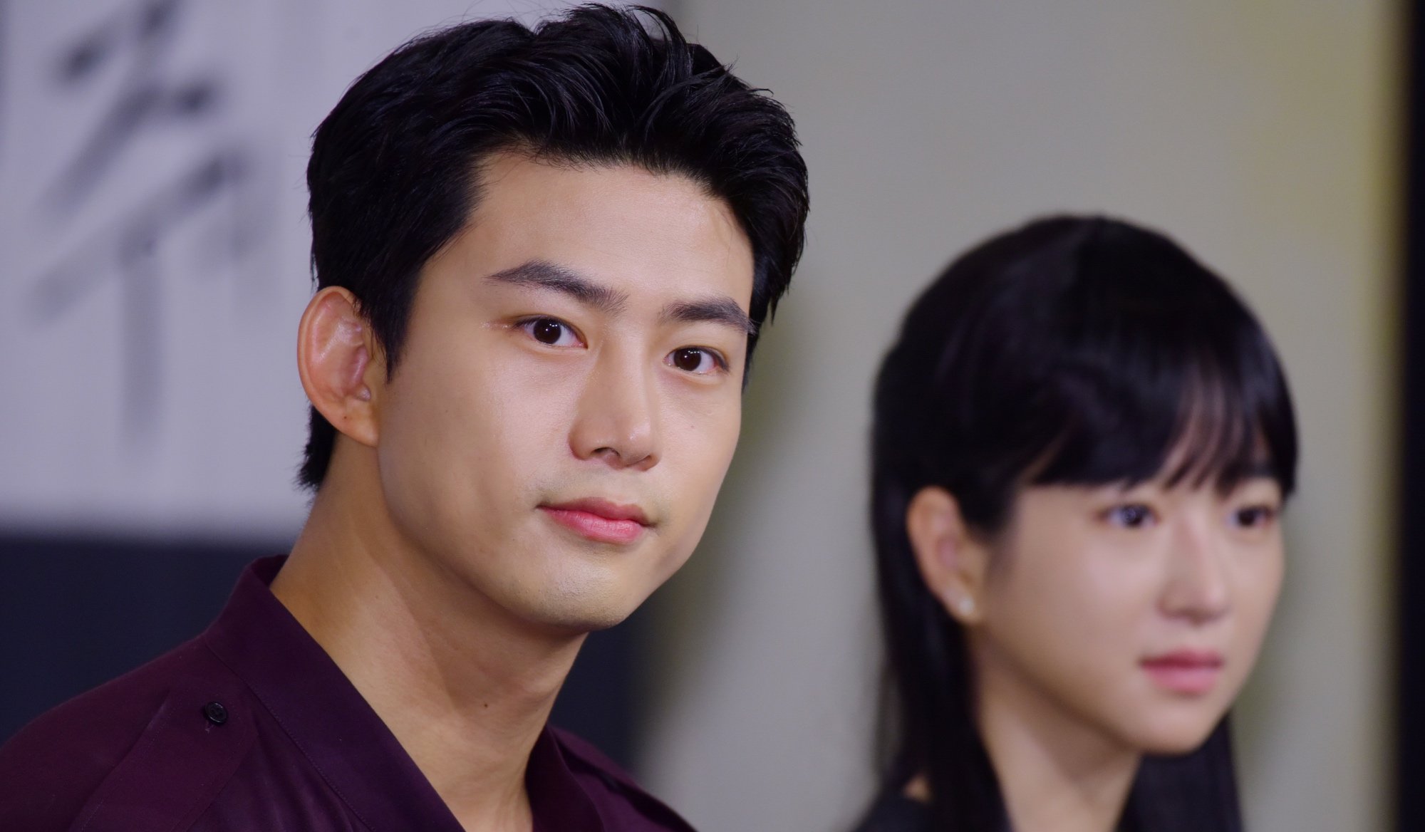 Taecyeon at 'Save Me' K-drama press event wearing purple shirt