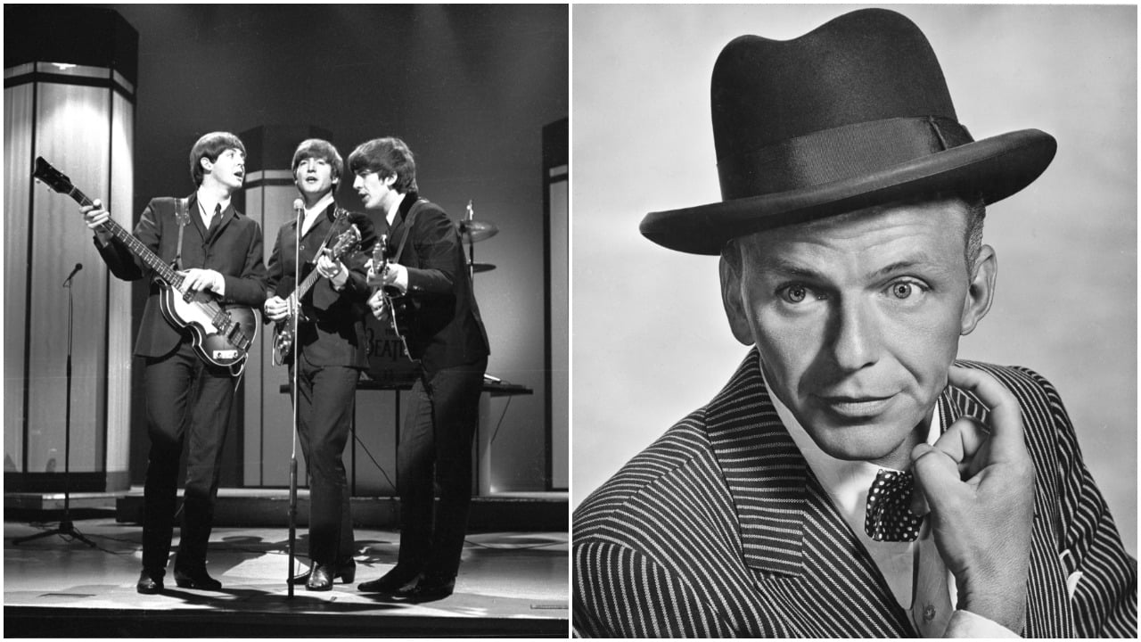 The Beatles performing on stage next to a portrait of Frank Sinatra