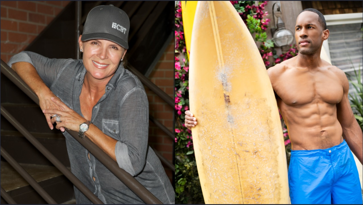 The Bold and the Beautiful stars Kimberlin Brown in a baseball cap on the left, and Lawrence Saint-Victor, shirtless with a surfboard on the right