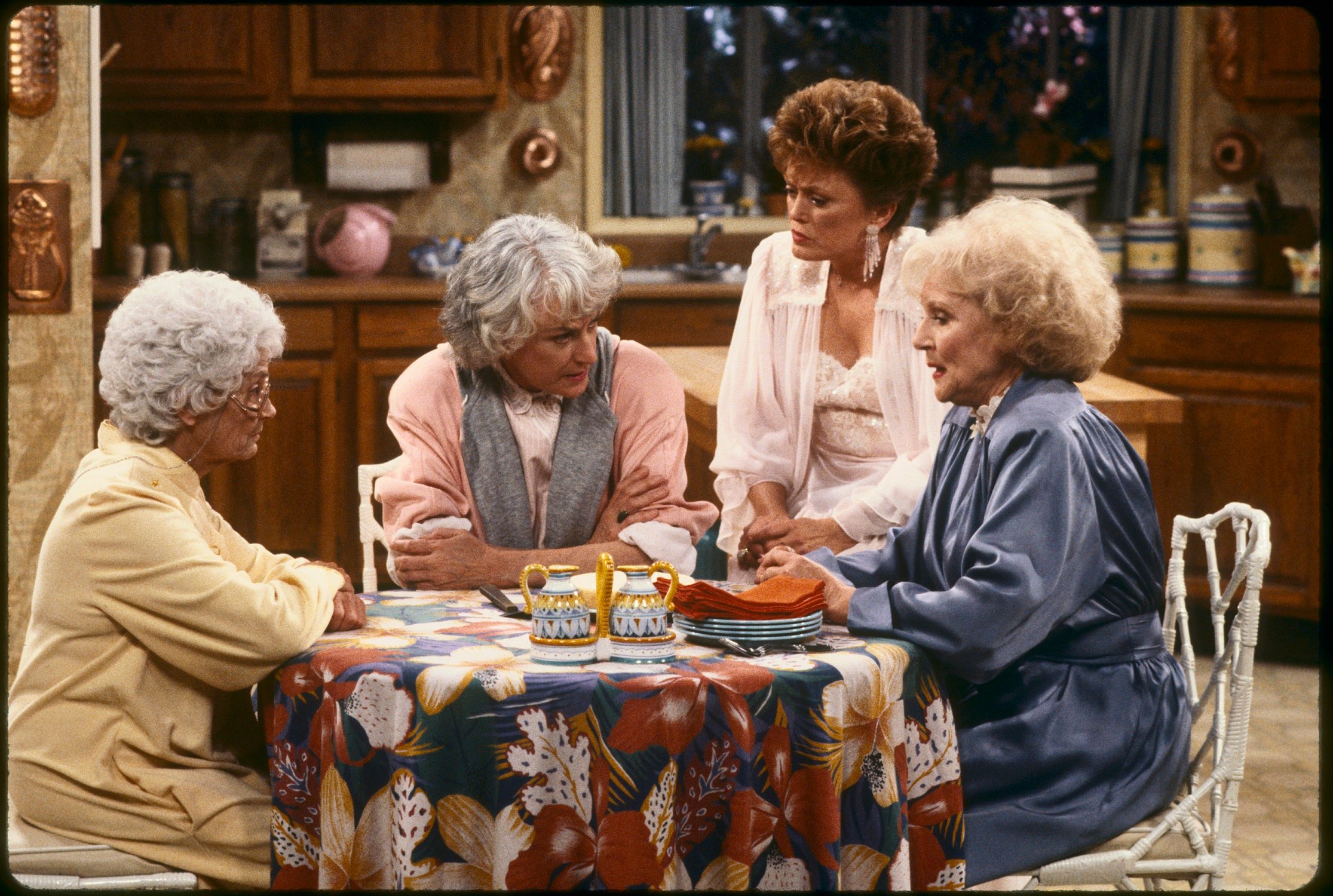 Estelle Getty, Bea Arthur, Rue McClanahan and Betty White sit in the living room on 'The Golden Girls'