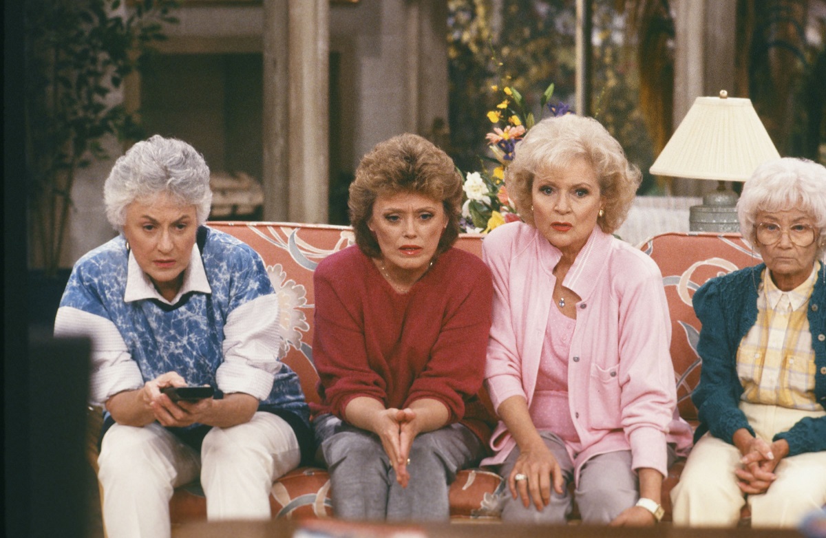Bea Arthur as Dorothy Zbornak, Rue McClanahan as Blanche Devereaux, Betty White as Rose Nylund and Estelle Getty as Sophia Petrillo in a scene from 'The Golden Girls.'