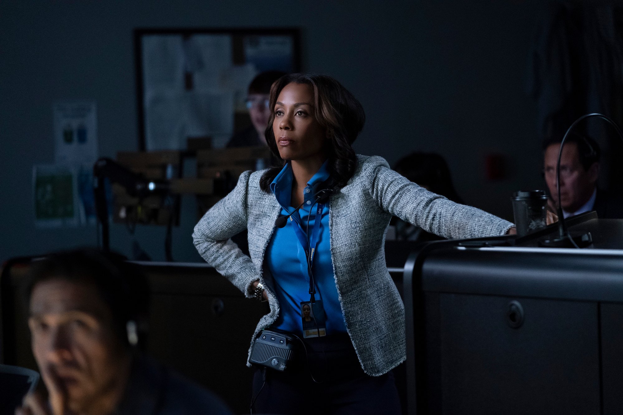 The Morning Show star Karen Pittman leans on a counter in the control room