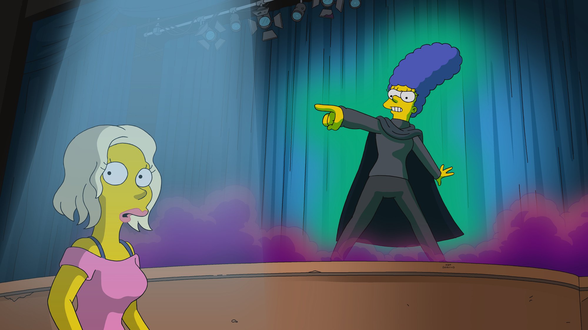 The Simpsons Season 33 Wicked parody: Marge points at Sasha
