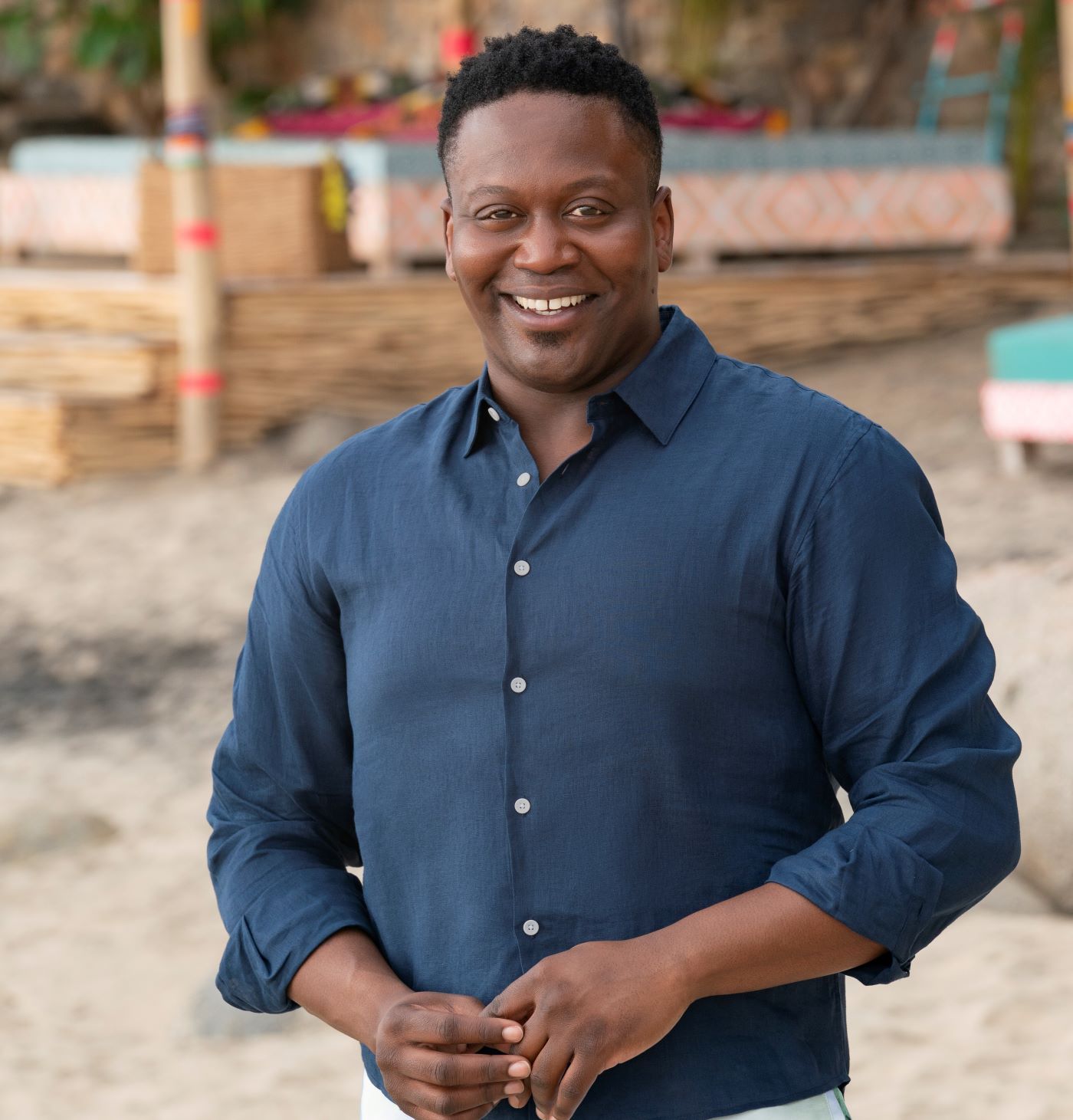 Tituss Burgess hosting 'Bachelor in Paradise' in a blue button up shirt