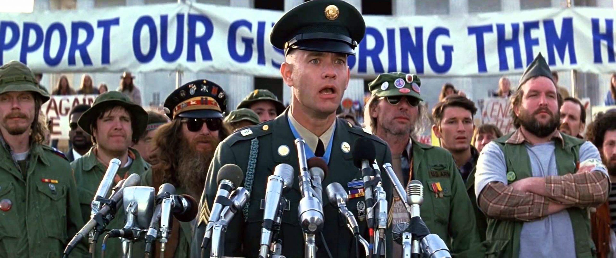 Tom Hanks peers into the crowd in a scene from Forrest Gump