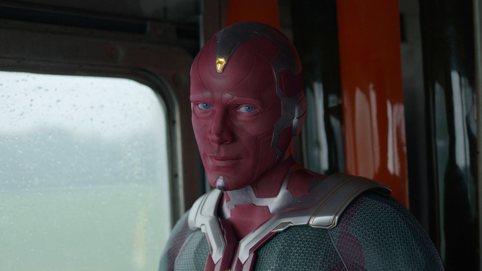 Paul Bettany as Vision in 'WandaVision.' He's looking directly at the camera, and he looks bemused. Could he take home an Emmy Award for his performance?