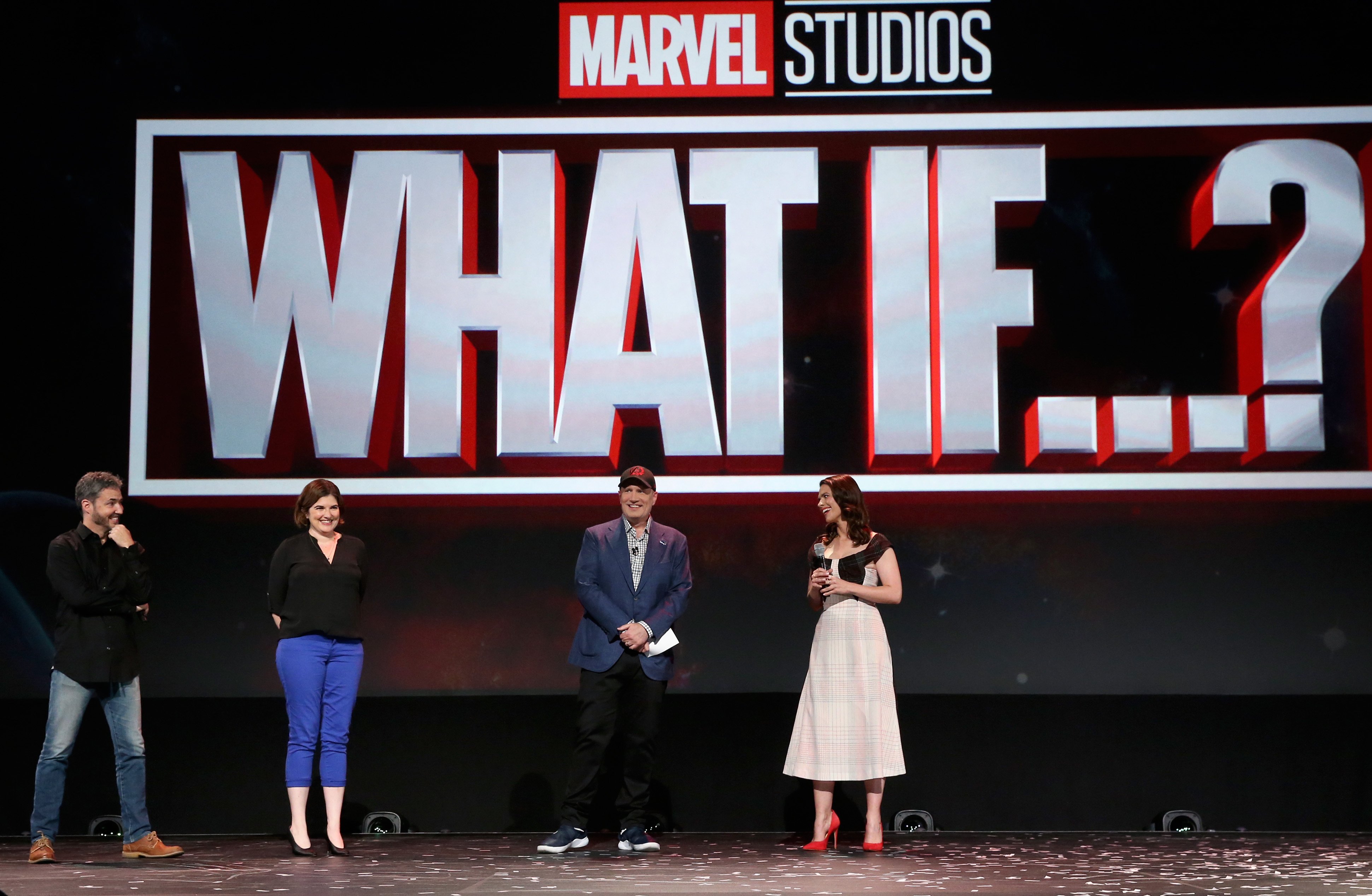 'What If...?' director Bryan Andrews, head writer A.C. Bradley, Kevin Feige, and Hayley Atwell talk onstage at Disney's D23 EXPO.