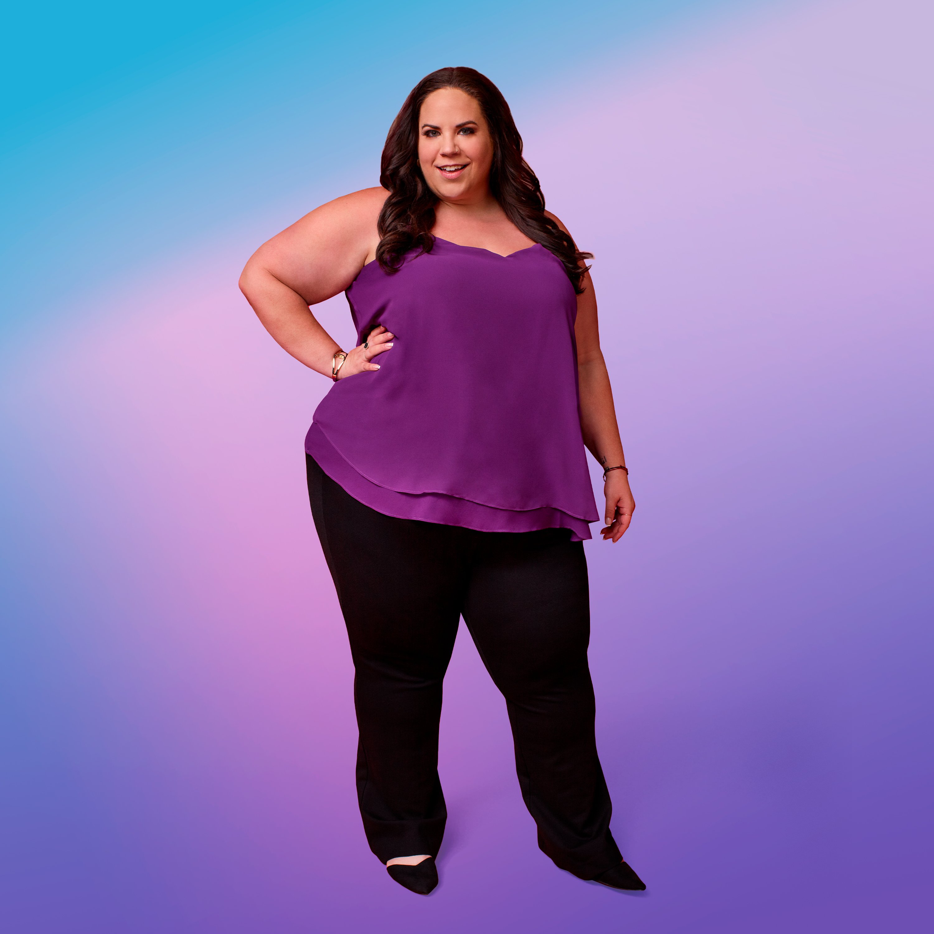 portrait of Whitney Way Thore from 'My Big Fat Fabulous Life' on purple and blue background