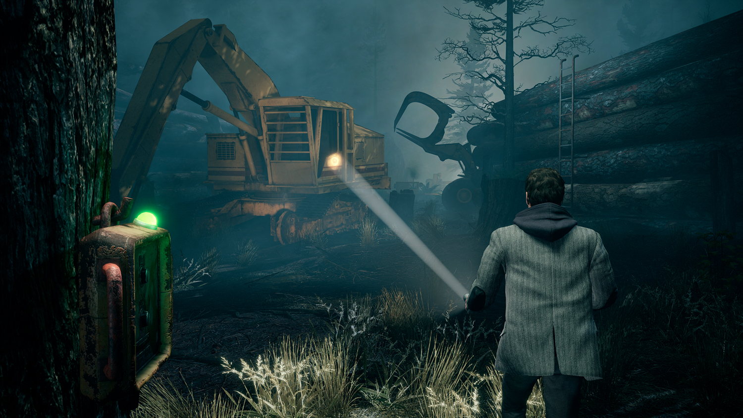 Alan Wake Remastered screenshot shows Alan approaching a crane