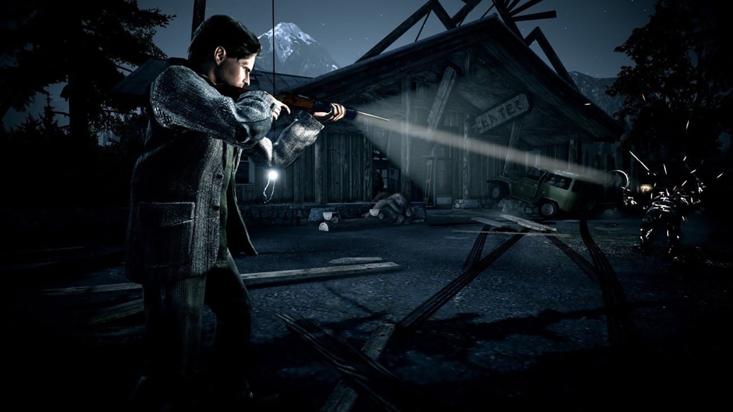 Alan Wake shoots a gun in the dark