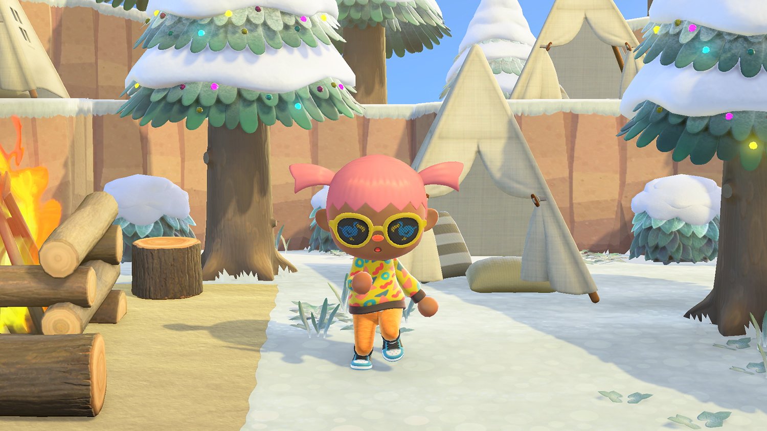 Animal Crossing: New Horizons character dances in the winter