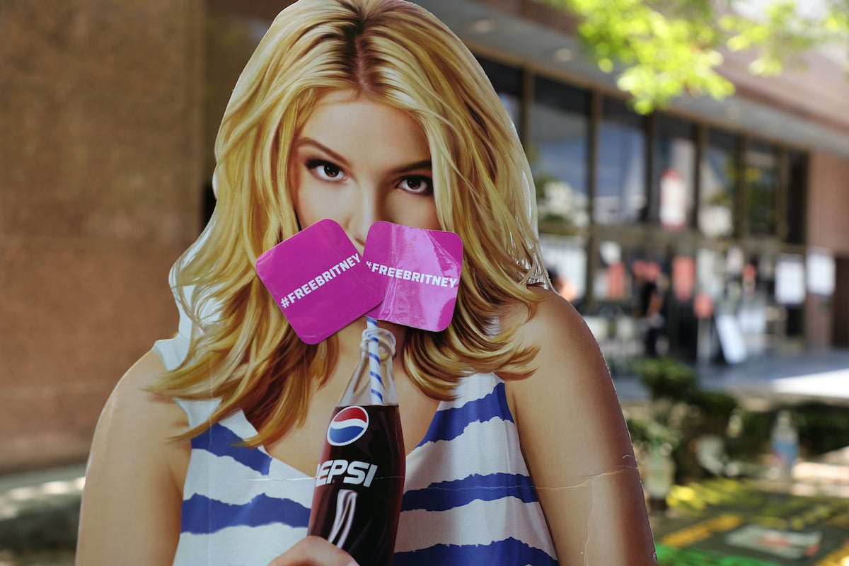 A cardboard cutout of Britney Spears at a #FreeBritney protest at Los Angeles Grand Park during a conservatorship hearing for Spears on June 23, 2021