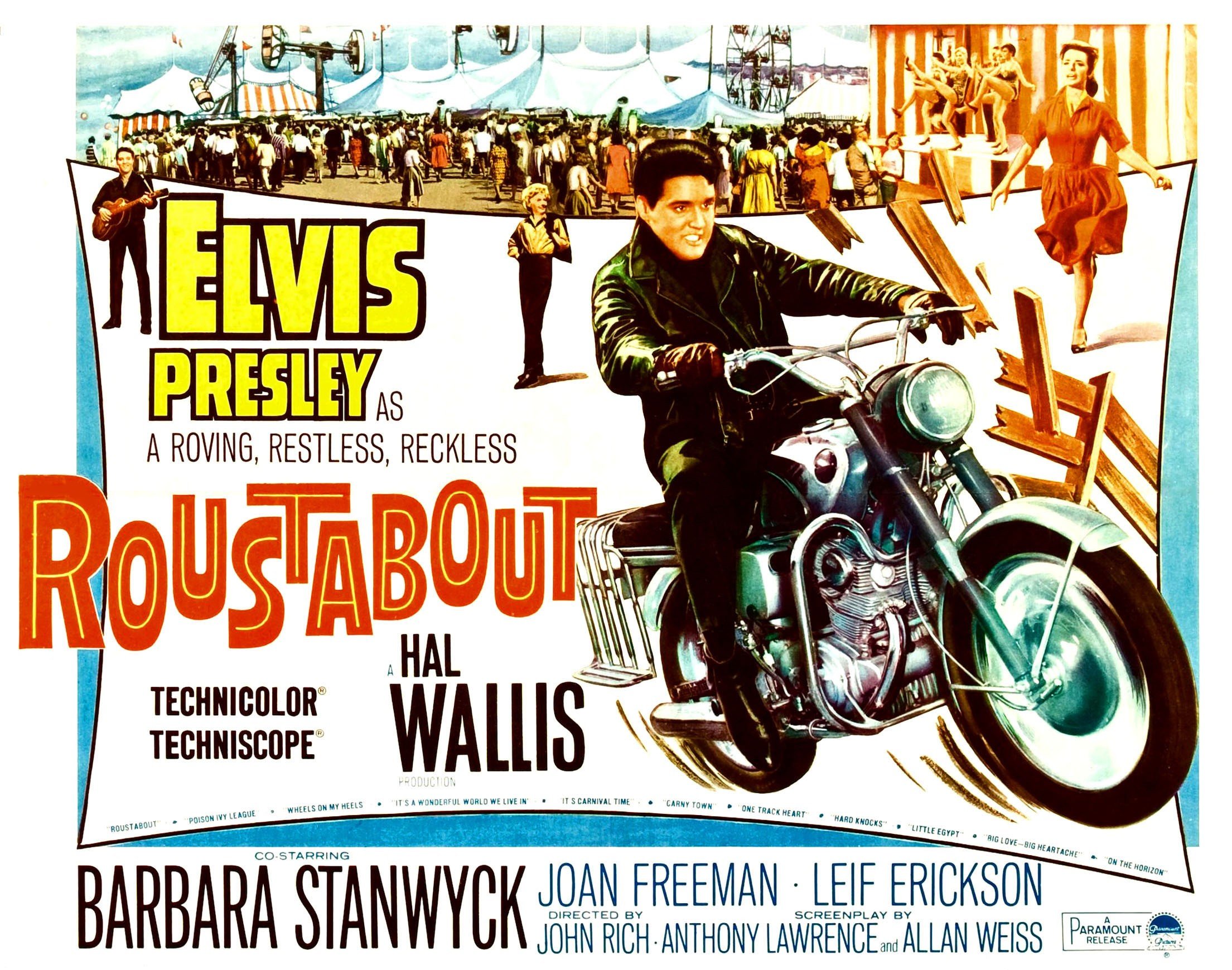 Elvis Presley riding a motorcycle on a poster for the movie 'Roustabout'