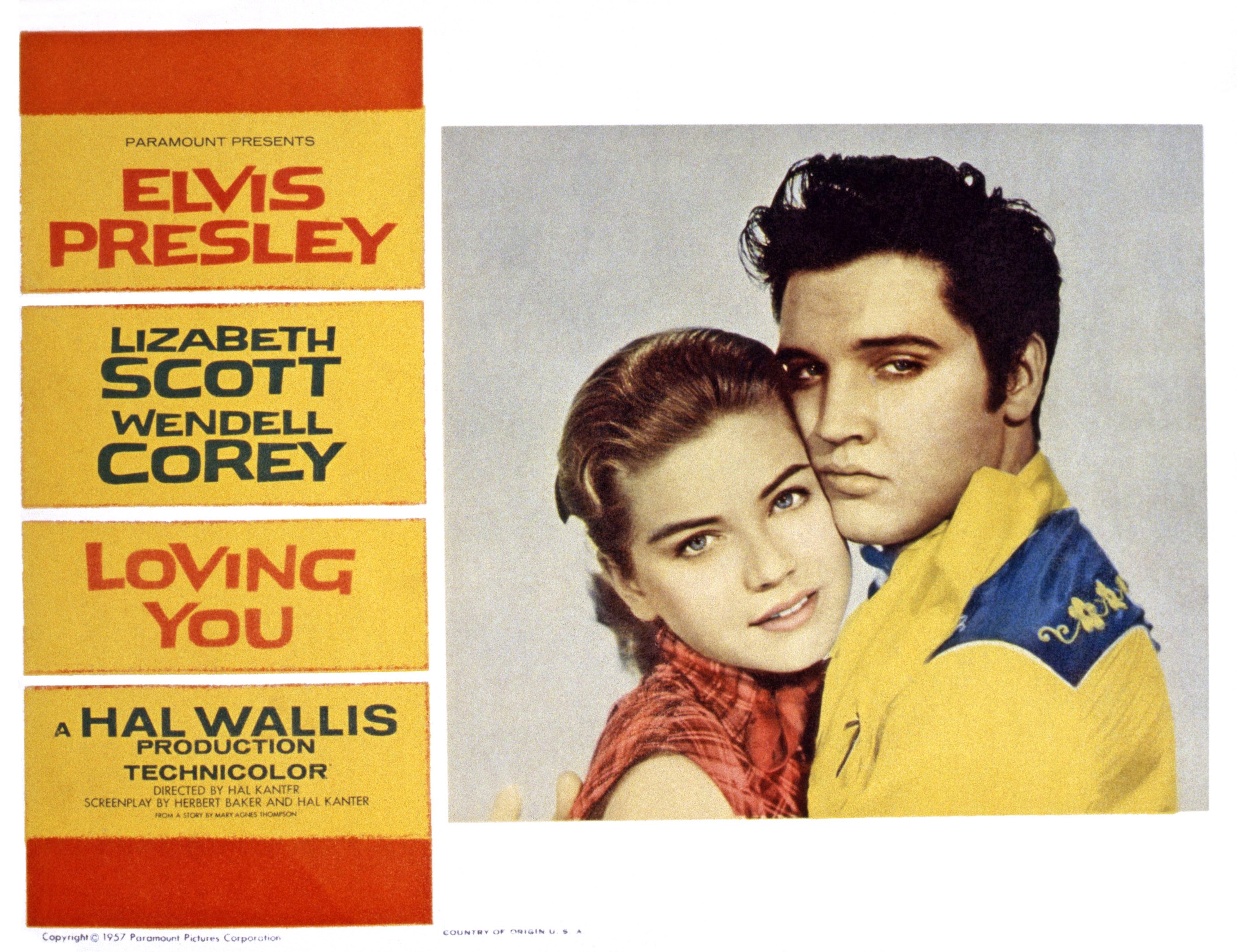 Dolores Hart and Elvis Presley on a lobbycard for 'Loving You'