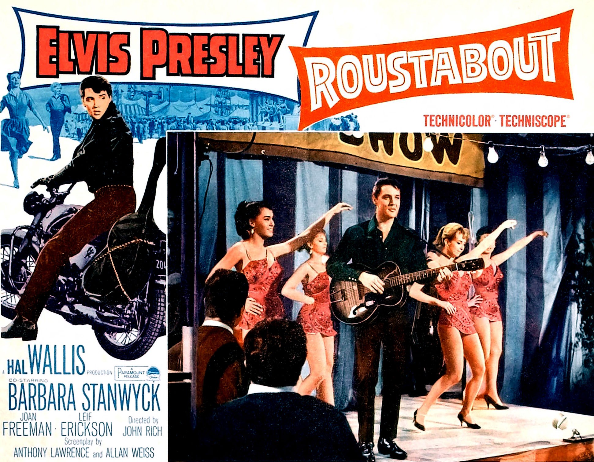 Elvis Presley on a stage on a lobby card for the movie 'Roustabout'