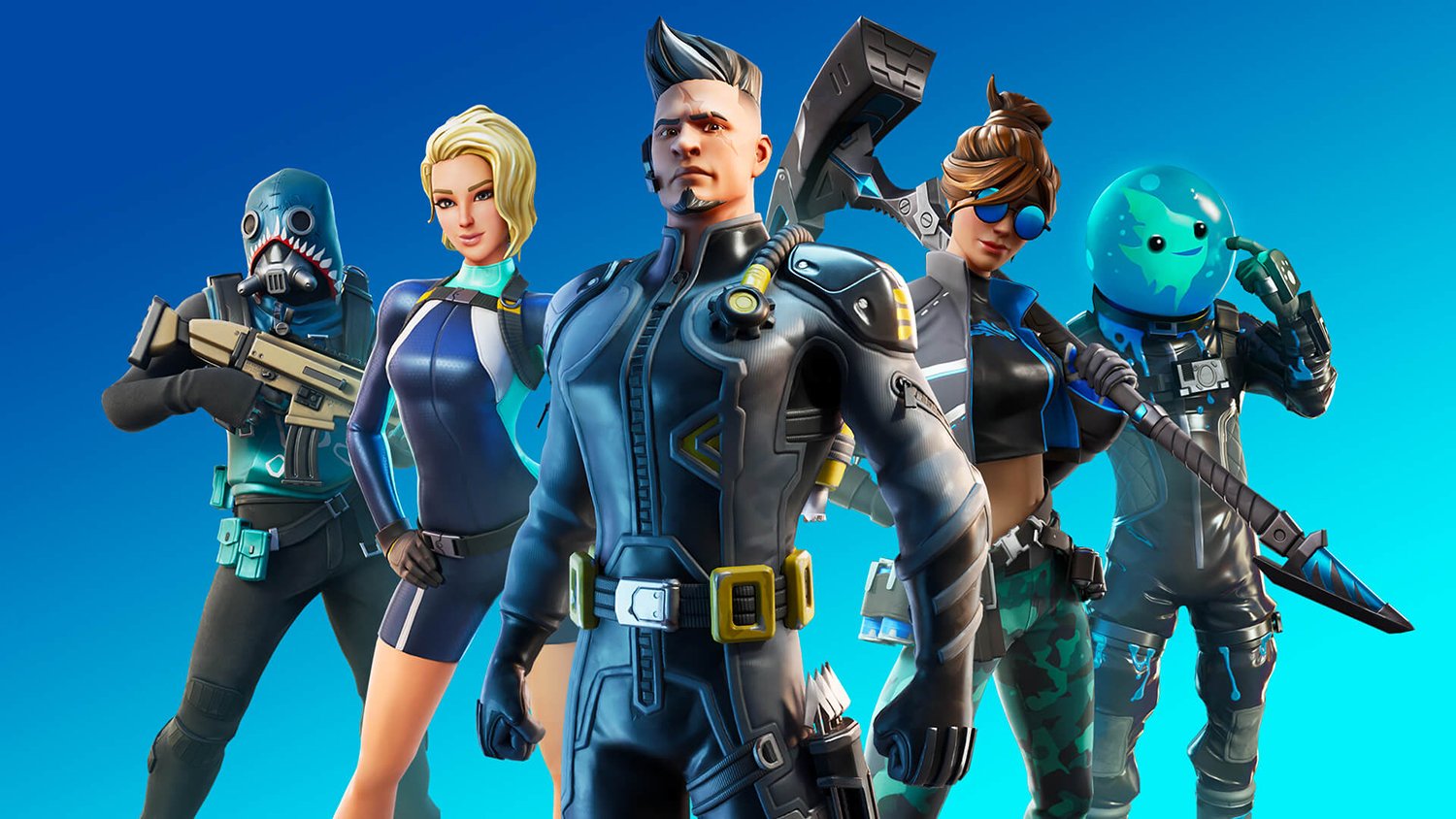 Epic Games 'Fortnite' cover art shows a group of fighters in blue uniforms